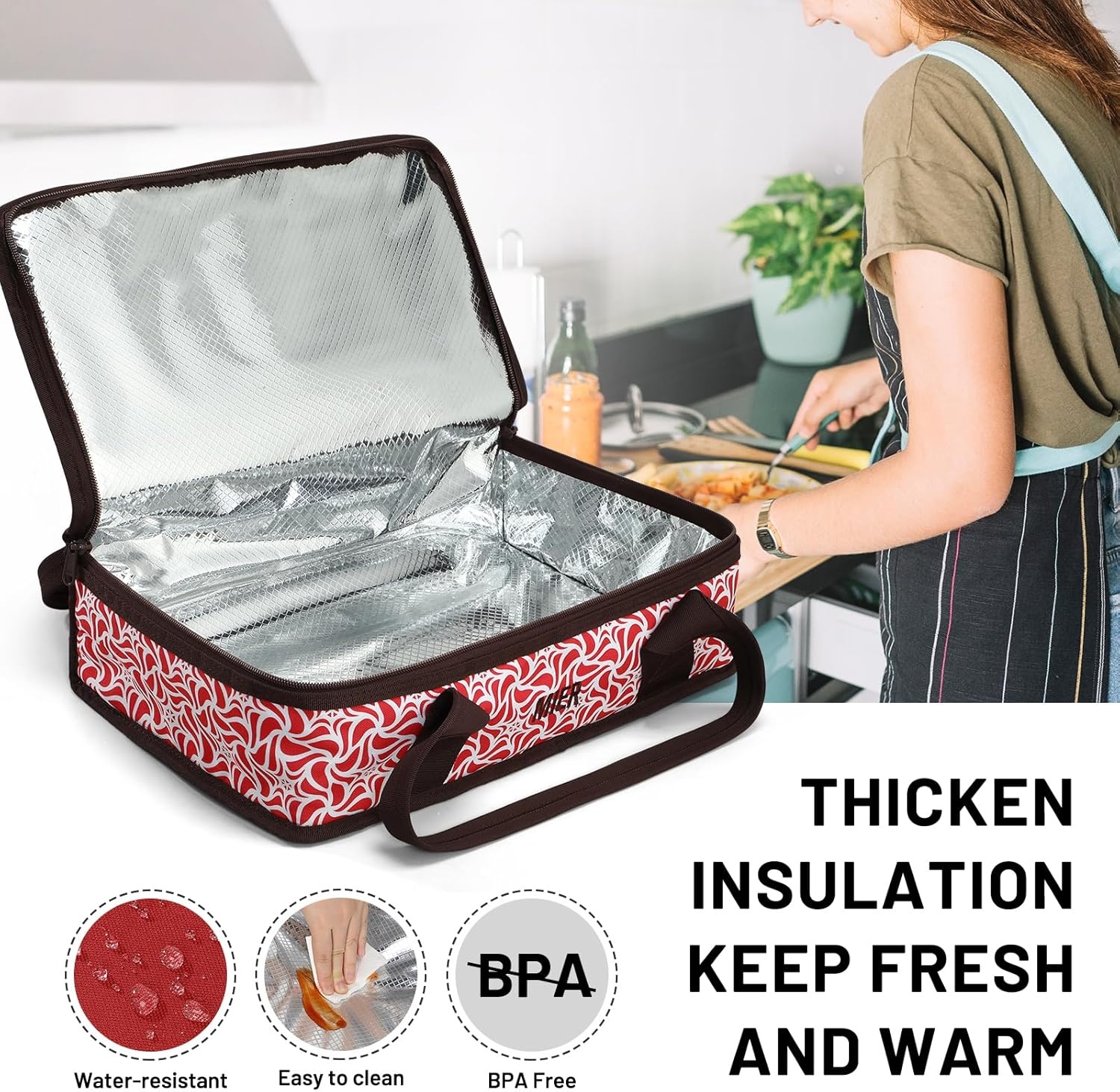 image:imageMIER Insulated Casserole Carrier Fits 9x13 Baking DishesFoil Pans Double Food Carriers Bag Thermal Holder for Hot or Cold Food Lasagna Lugger Potluck Parties Picnic Travel PurpleRed