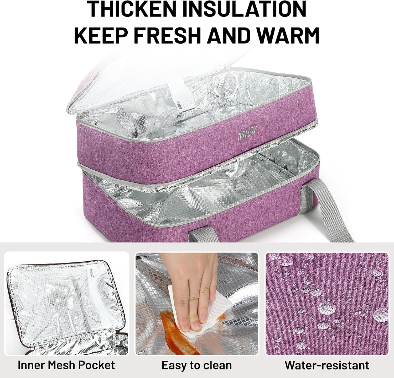 image:imageMIER Insulated Casserole Carrier Fits 9x13 Baking DishesFoil Pans Double Food Carriers Bag Thermal Holder for Hot or Cold Food Lasagna Lugger Potluck Parties Picnic Travel PurplePurple