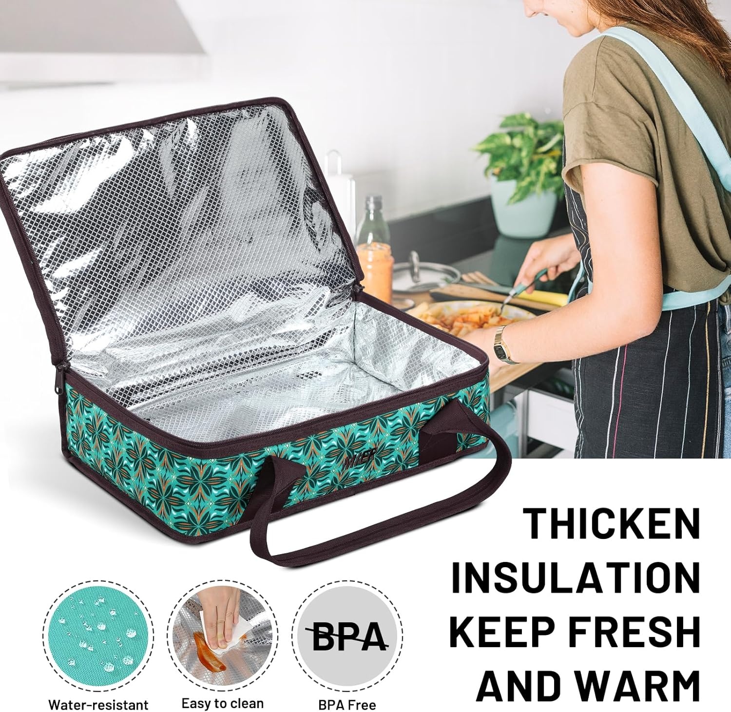 image:imageMIER Insulated Casserole Carrier Fits 9x13 Baking DishesFoil Pans Double Food Carriers Bag Thermal Holder for Hot or Cold Food Lasagna Lugger Potluck Parties Picnic Travel PurpleTeal
