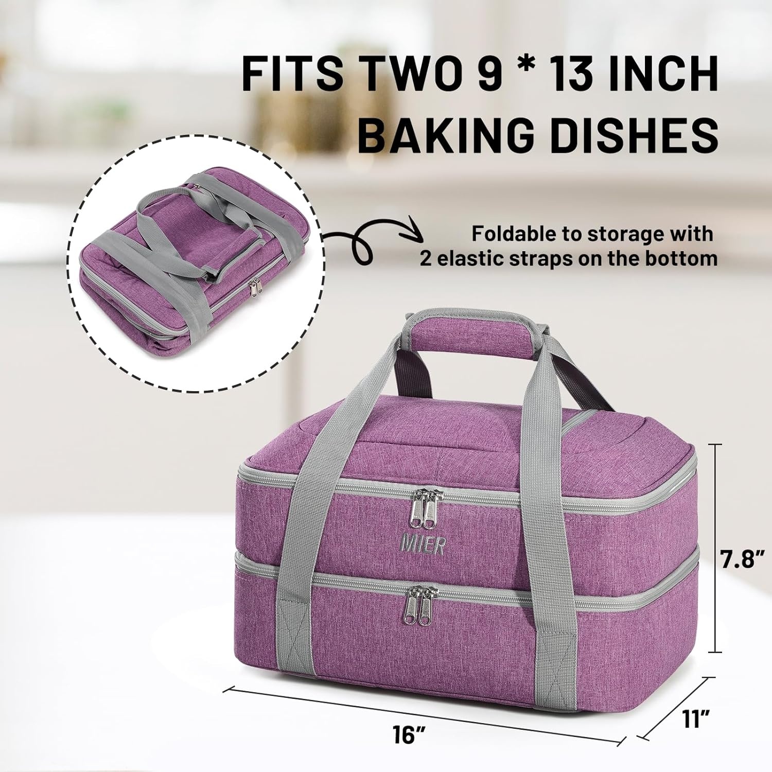 image:imageMIER Insulated Casserole Carrier Fits 9x13 Baking DishesFoil Pans Double Food Carriers Bag Thermal Holder for Hot or Cold Food Lasagna Lugger Potluck Parties Picnic Travel PurplePurple