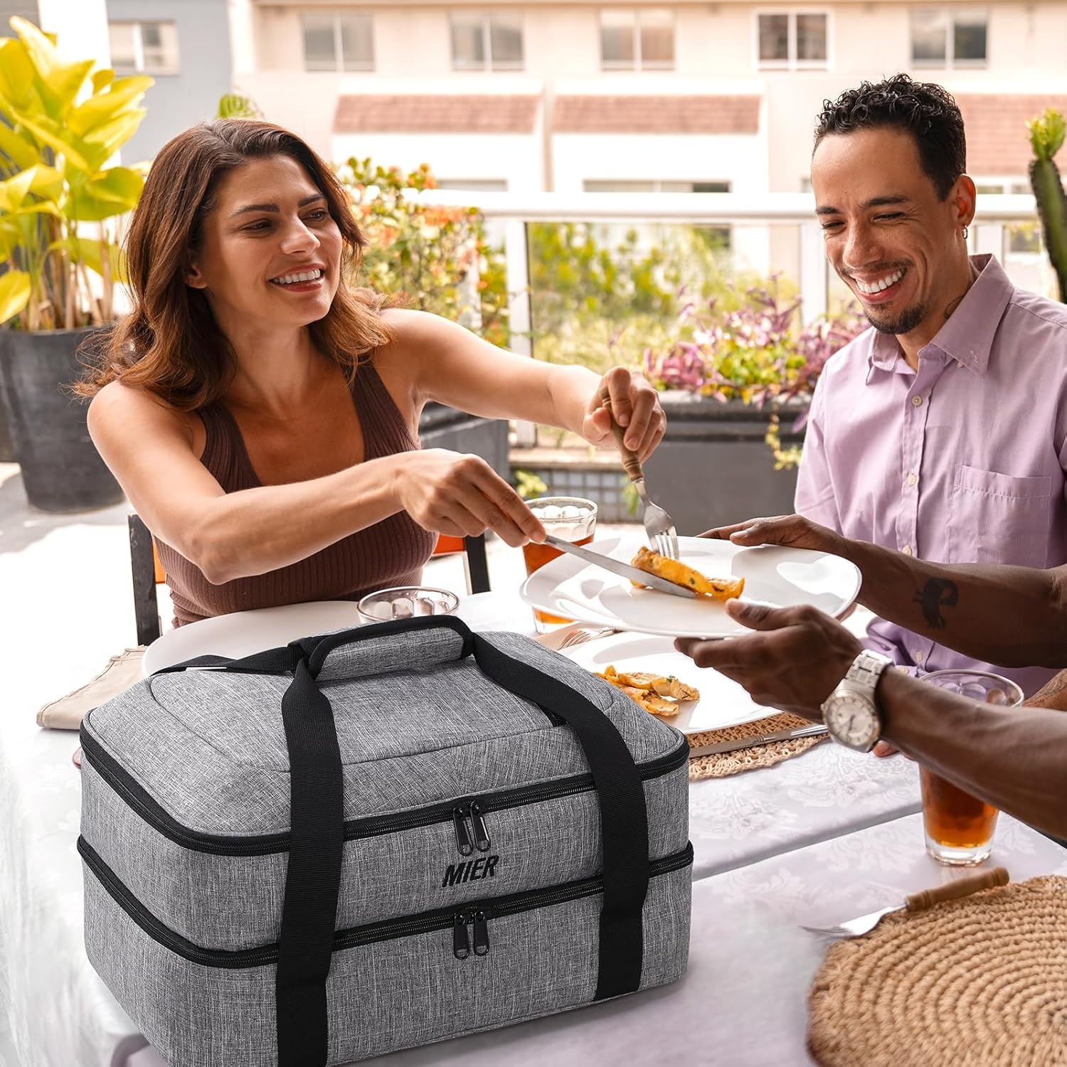 image:imageMIER Insulated Casserole Carrier Fits 9x13 Baking DishesFoil Pans Double Food Carriers Bag Thermal Holder for Hot or Cold Food Lasagna Lugger Potluck Parties Picnic Travel PurpleGray