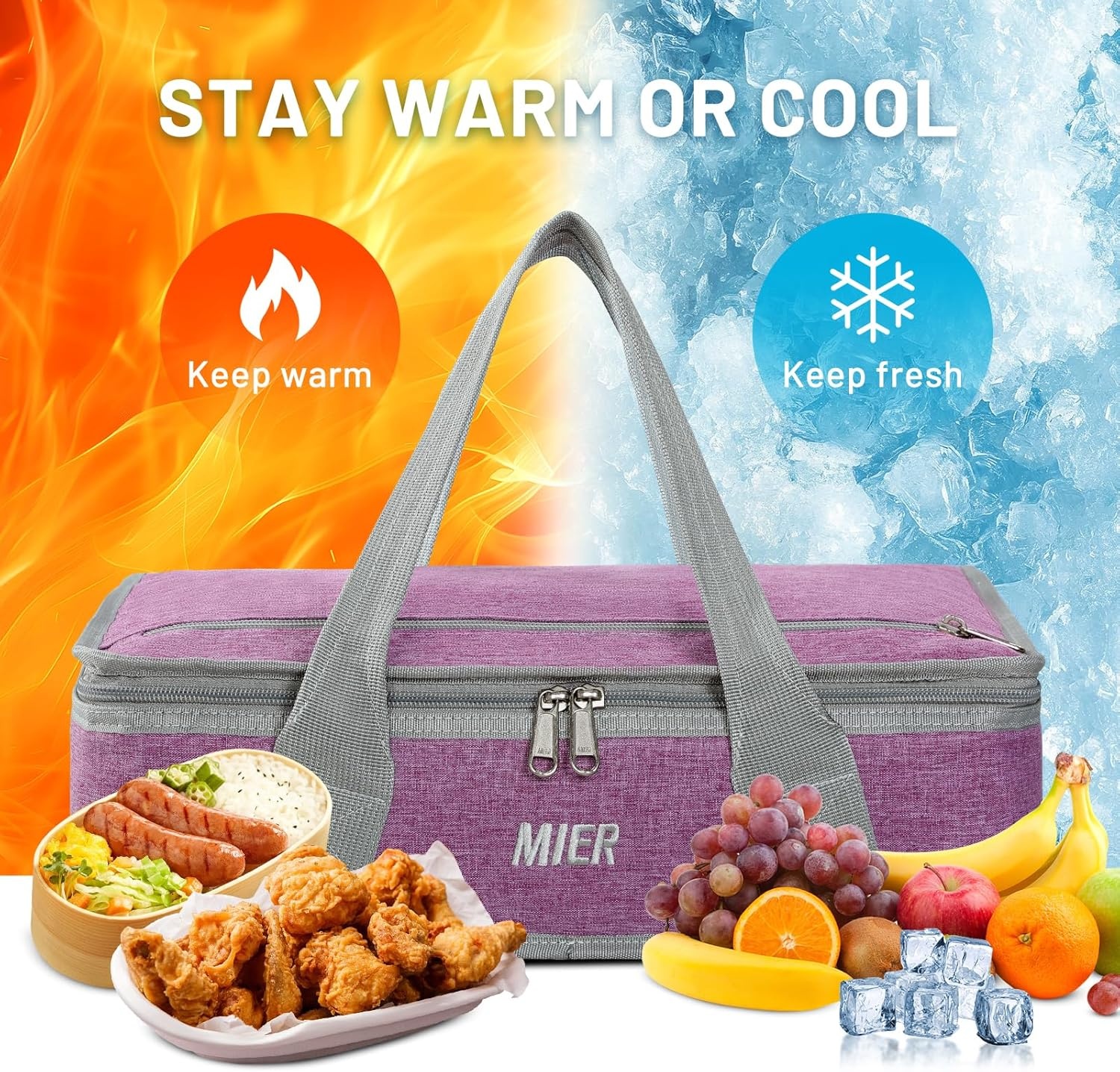 image:imageMIER Insulated Casserole Carrier Fits 9x13 Baking DishesFoil Pans Double Food Carriers Bag Thermal Holder for Hot or Cold Food Lasagna Lugger Potluck Parties Picnic Travel PurplePurple