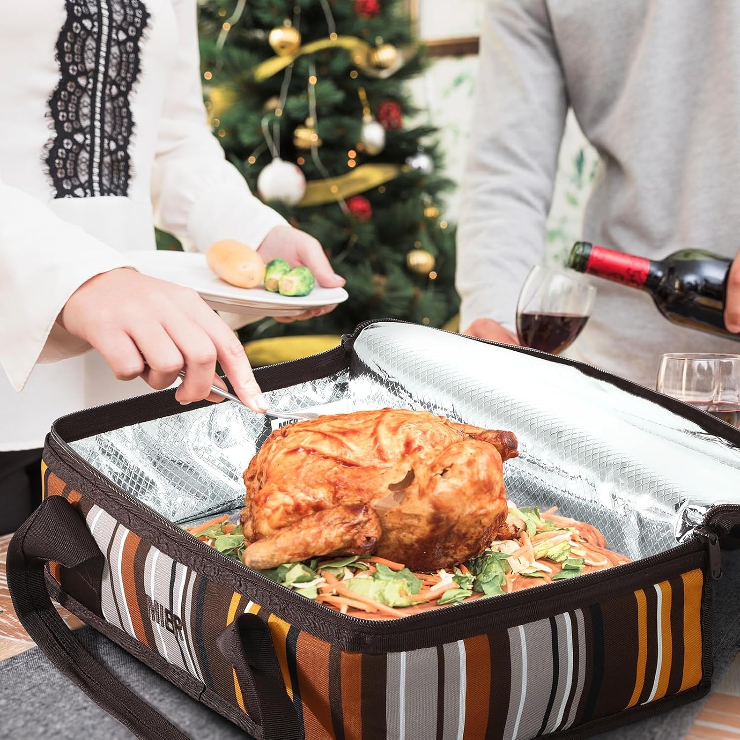 image:imageMIER Insulated Casserole Carrier Fits 9x13 Baking DishesFoil Pans Double Food Carriers Bag Thermal Holder for Hot or Cold Food Lasagna Lugger Potluck Parties Picnic Travel PurpleBrown