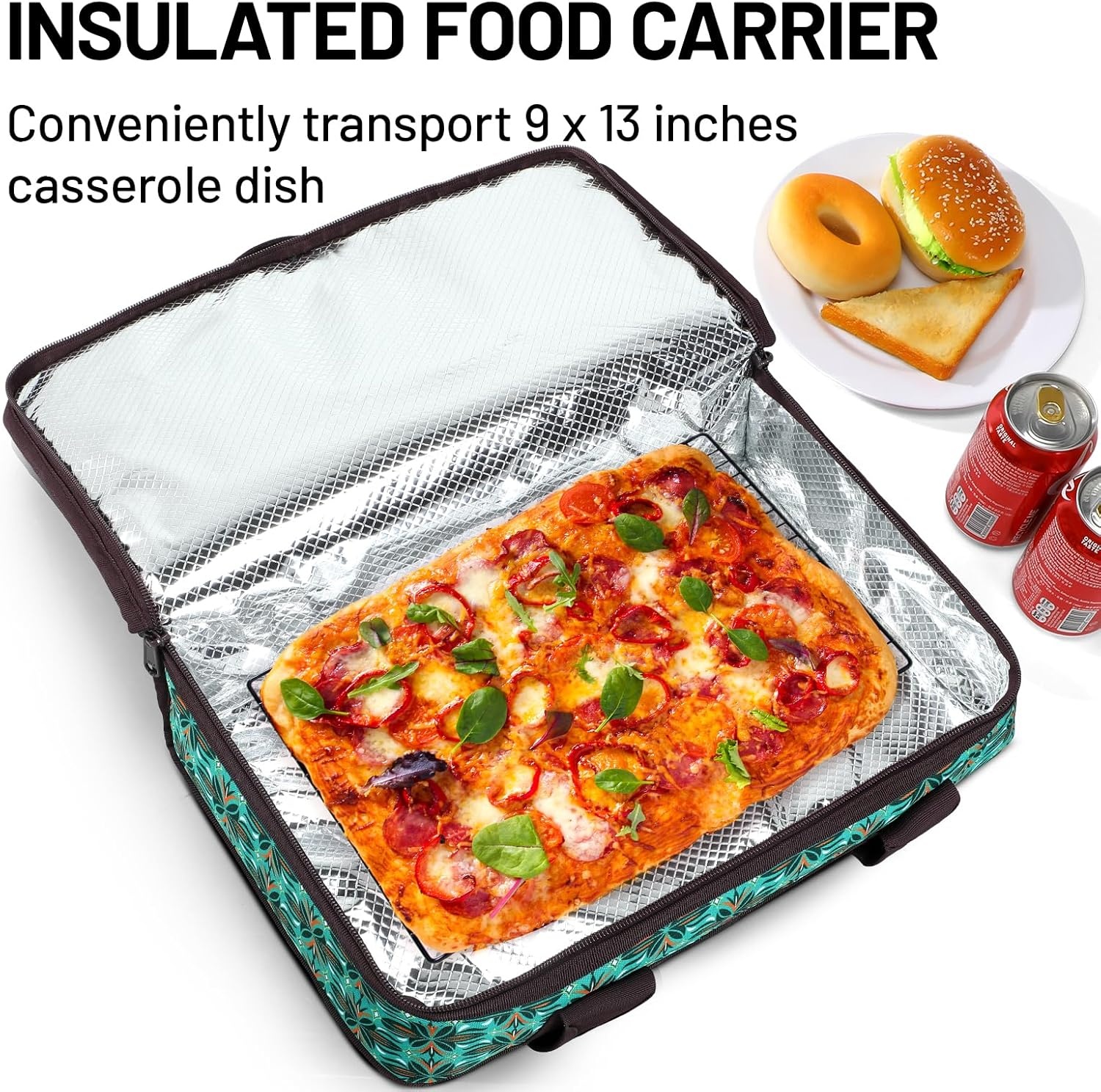 image:imageMIER Insulated Casserole Carrier Fits 9x13 Baking DishesFoil Pans Double Food Carriers Bag Thermal Holder for Hot or Cold Food Lasagna Lugger Potluck Parties Picnic Travel PurpleTeal
