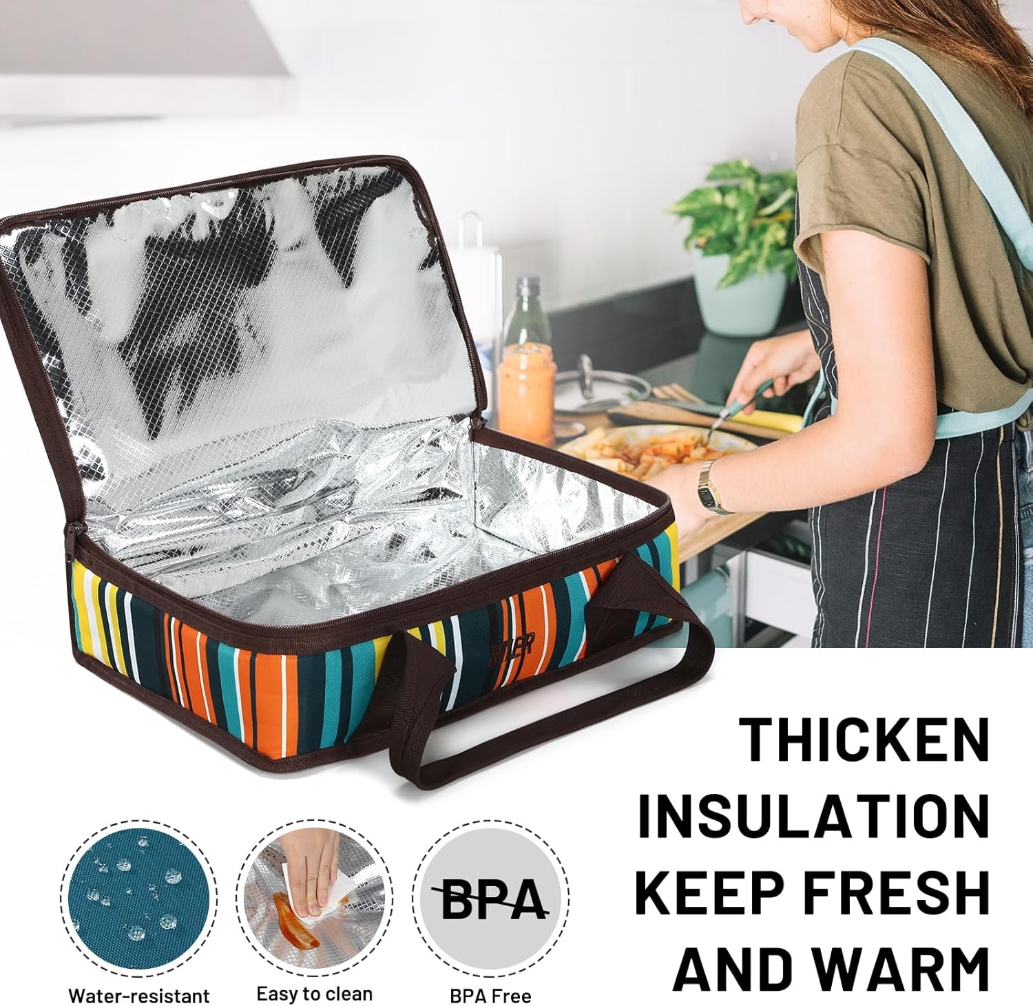 image:imageMIER Insulated Casserole Carrier Fits 9x13 Baking DishesFoil Pans Double Food Carriers Bag Thermal Holder for Hot or Cold Food Lasagna Lugger Potluck Parties Picnic Travel PurpleBlue