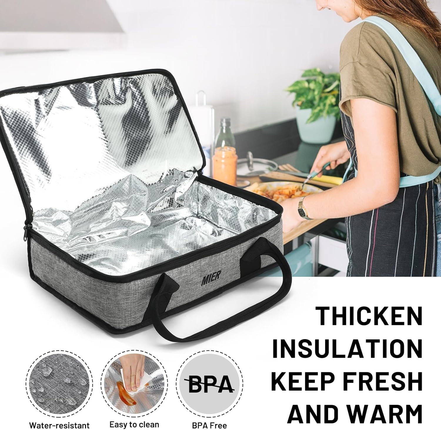 image:imageMIER Insulated Casserole Carrier Fits 9x13 Baking DishesFoil Pans Double Food Carriers Bag Thermal Holder for Hot or Cold Food Lasagna Lugger Potluck Parties Picnic Travel PurpleGray