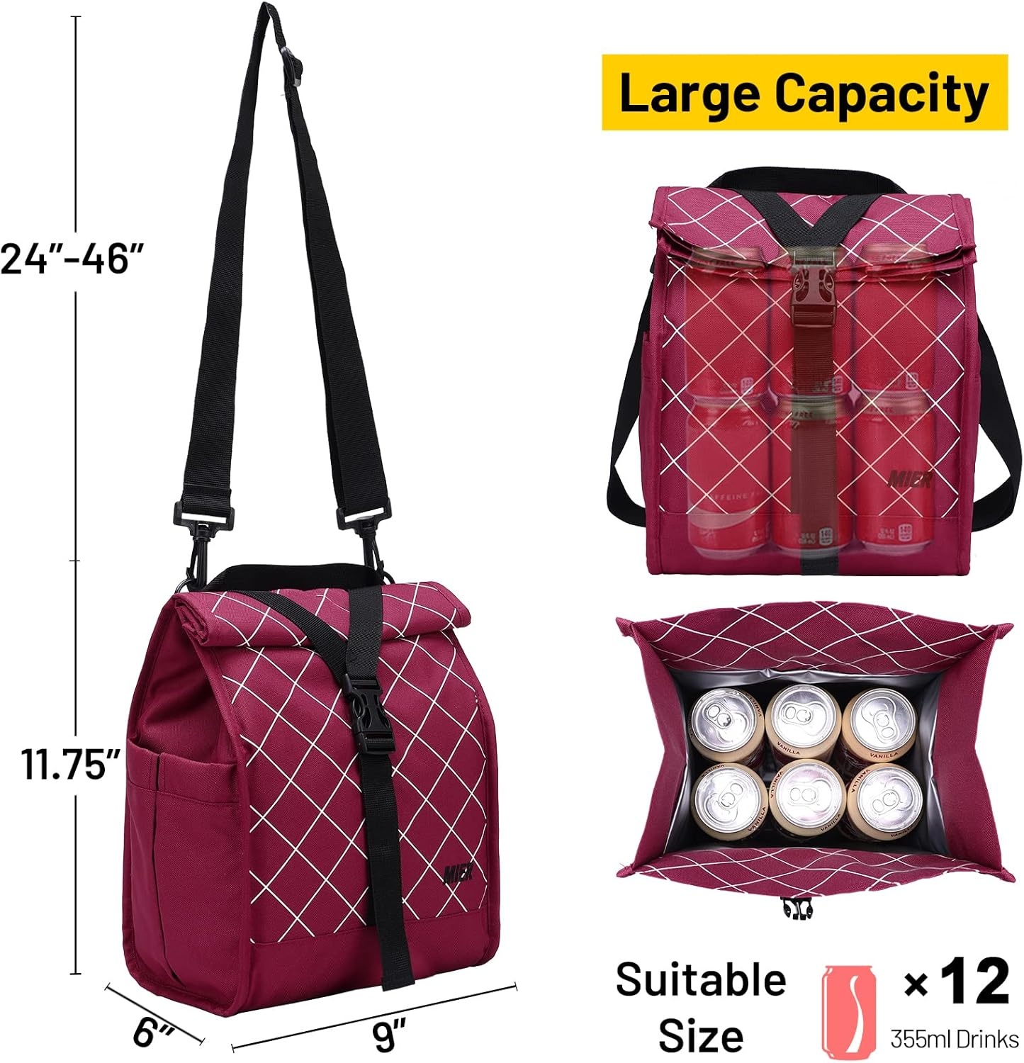 image:imageMIER Insulated Lunch Bag Roll Top Lunchbox for Women Men Adults Foldable Rolltop Lunch Tote with Shoulder Strap for Work Office Picnic Water Bottle Holder RedRed