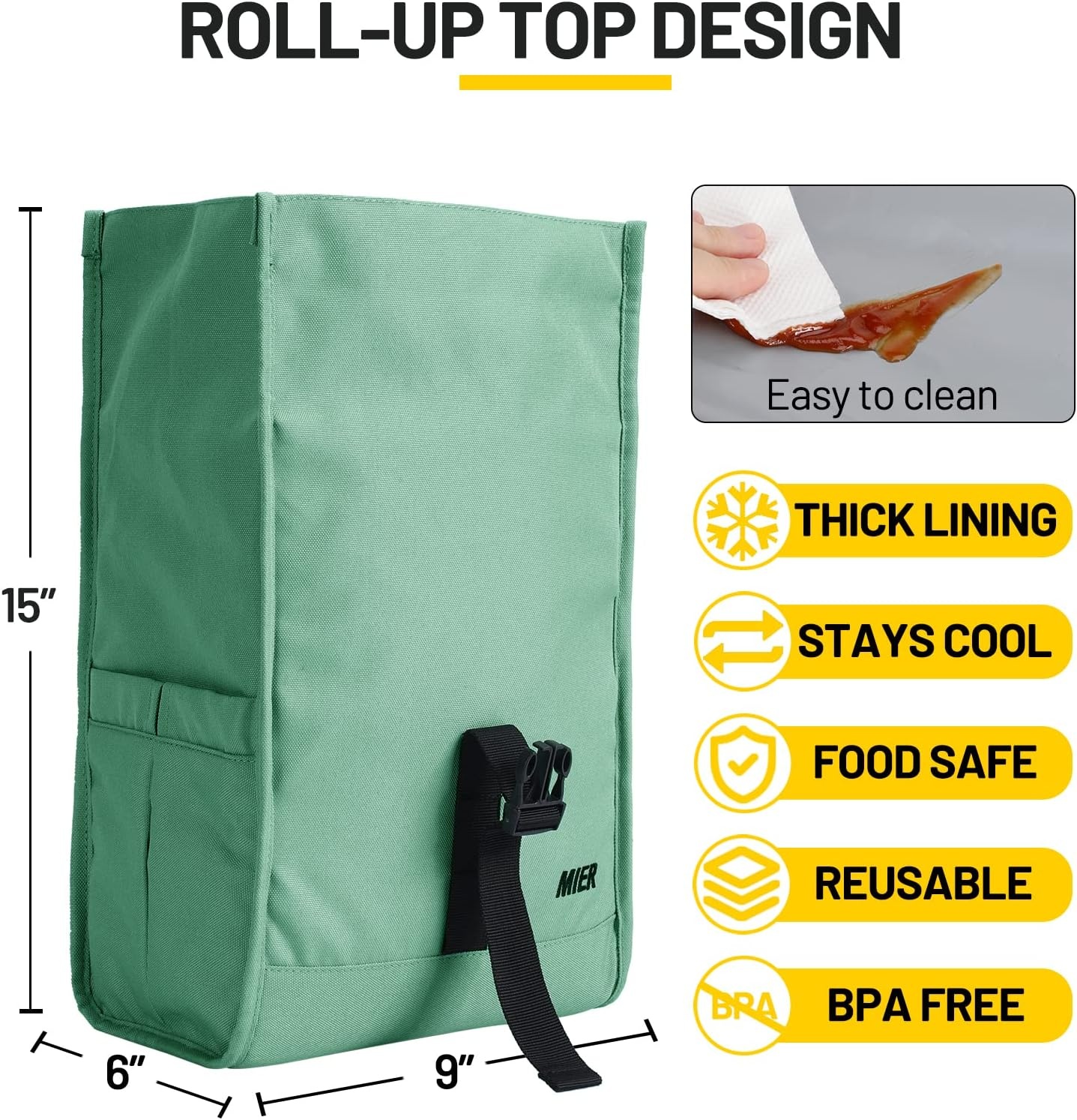 image:imageMIER Insulated Lunch Bag Roll Top Lunchbox for Women Men Adults Foldable Rolltop Lunch Tote with Shoulder Strap for Work Office Picnic Water Bottle Holder RedGreen