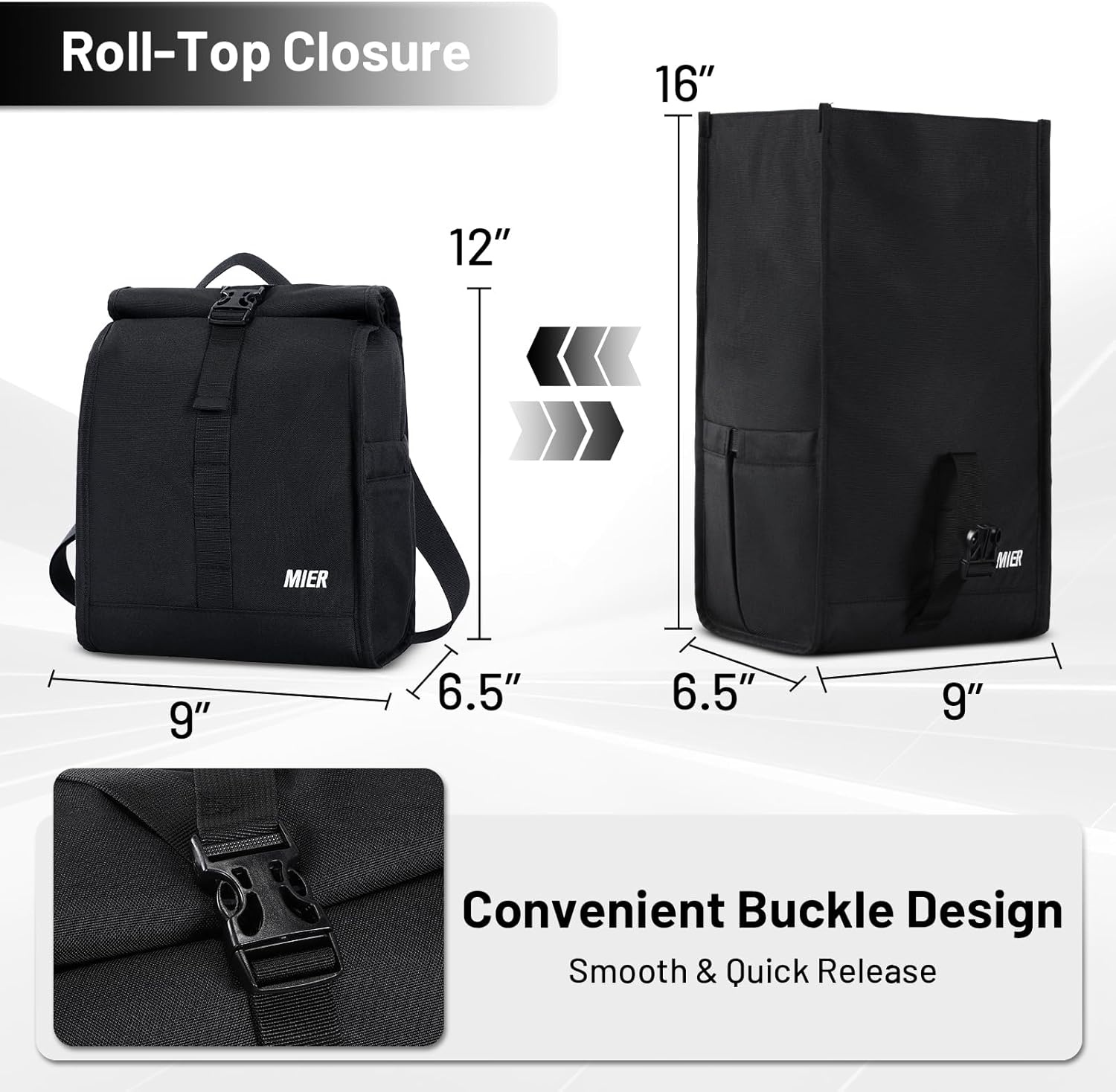 image:imageMIER Insulated Lunch Bag Roll Top Lunchbox for Women Men Adults Foldable Rolltop Lunch Tote with Shoulder Strap for Work Office Picnic Water Bottle Holder RedBlack
