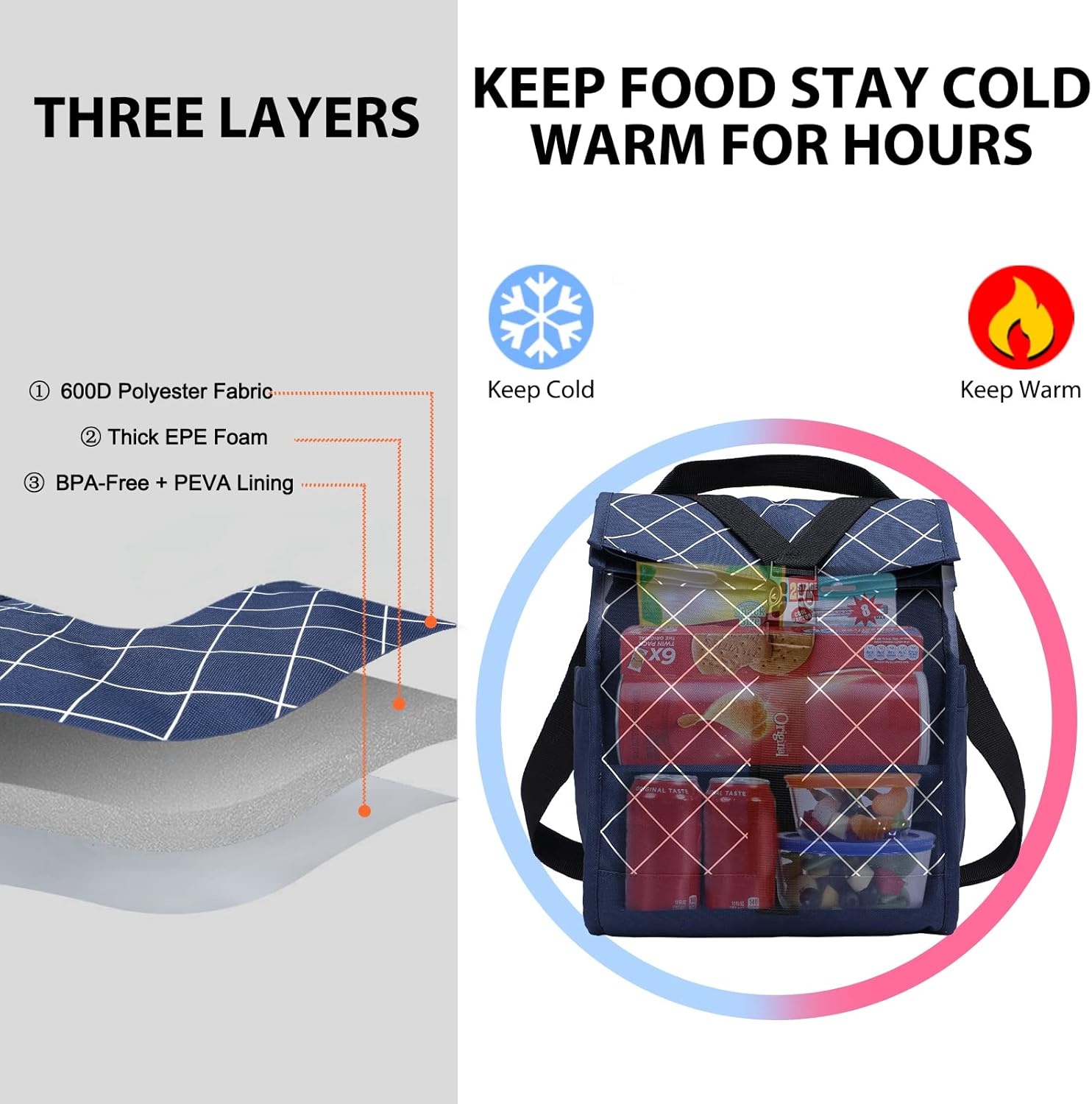 image:imageMIER Insulated Lunch Bag Roll Top Lunchbox for Women Men Adults Foldable Rolltop Lunch Tote with Shoulder Strap for Work Office Picnic Water Bottle Holder RedBlue