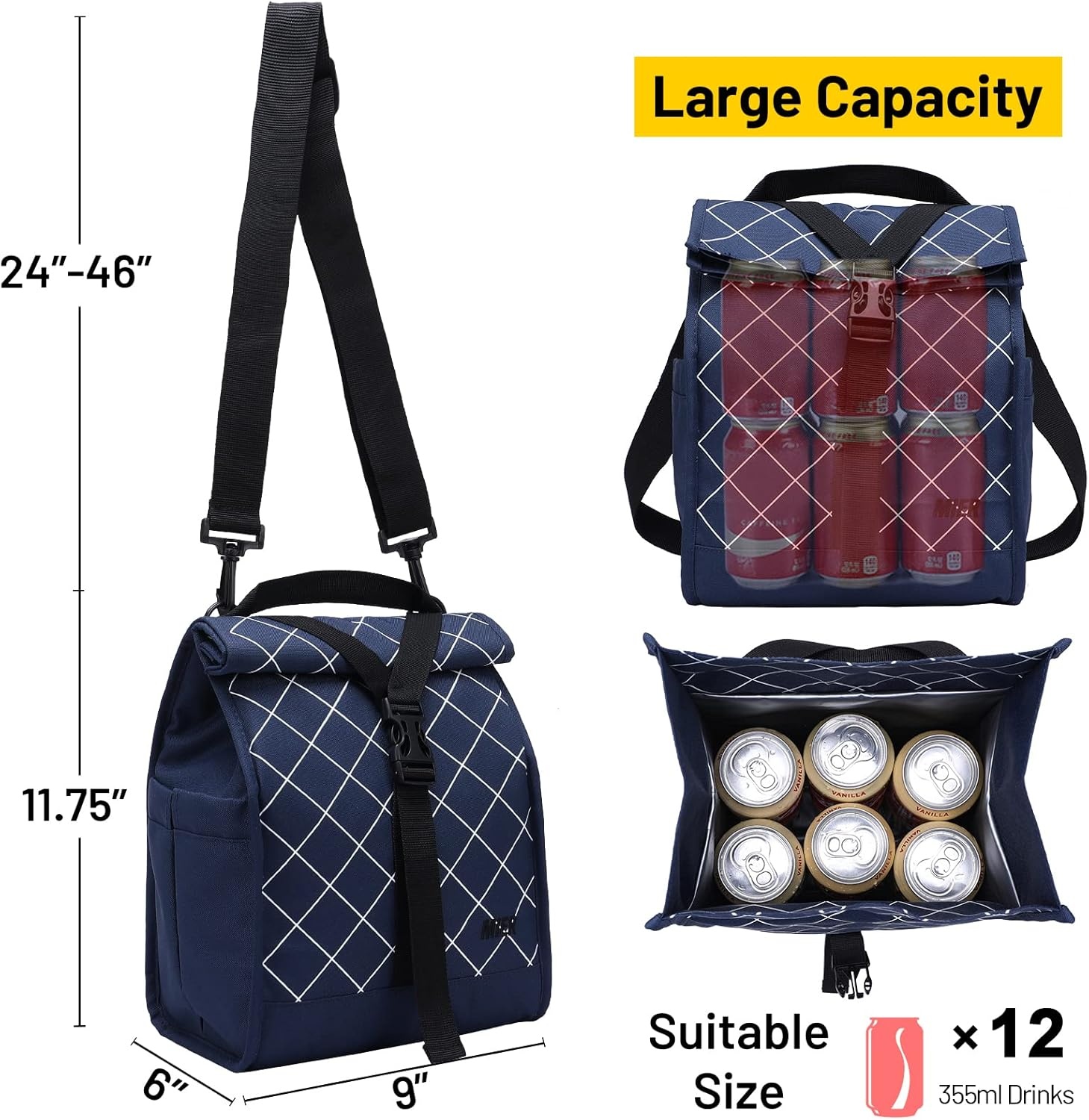 image:imageMIER Insulated Lunch Bag Roll Top Lunchbox for Women Men Adults Foldable Rolltop Lunch Tote with Shoulder Strap for Work Office Picnic Water Bottle Holder RedBlue
