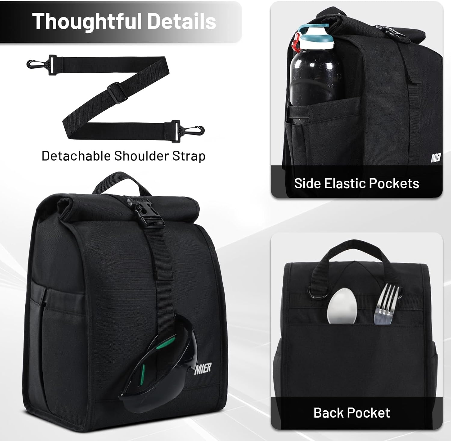 image:imageMIER Insulated Lunch Bag Roll Top Lunchbox for Women Men Adults Foldable Rolltop Lunch Tote with Shoulder Strap for Work Office Picnic Water Bottle Holder RedBlack