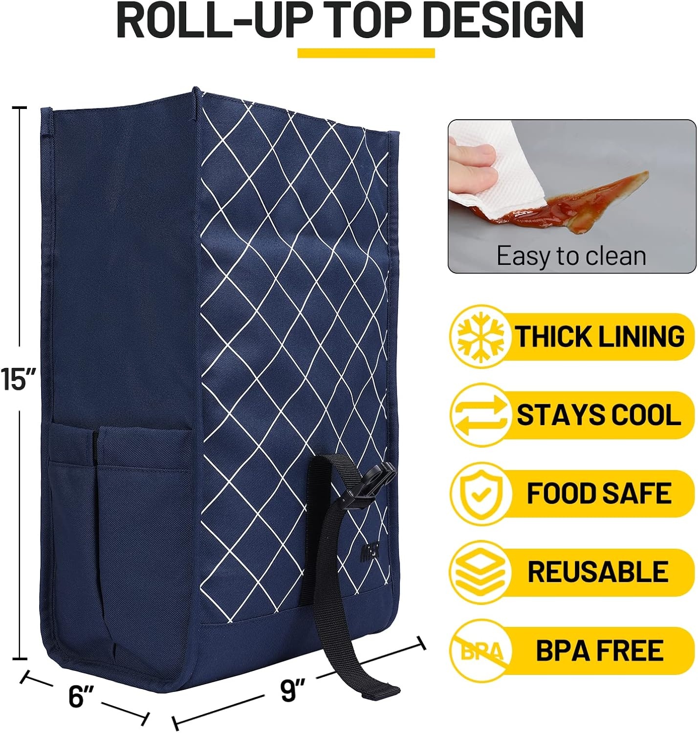 image:imageMIER Insulated Lunch Bag Roll Top Lunchbox for Women Men Adults Foldable Rolltop Lunch Tote with Shoulder Strap for Work Office Picnic Water Bottle Holder RedBlue