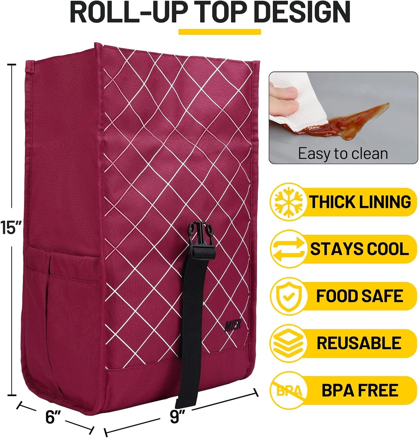 image:imageMIER Insulated Lunch Bag Roll Top Lunchbox for Women Men Adults Foldable Rolltop Lunch Tote with Shoulder Strap for Work Office Picnic Water Bottle Holder RedRed