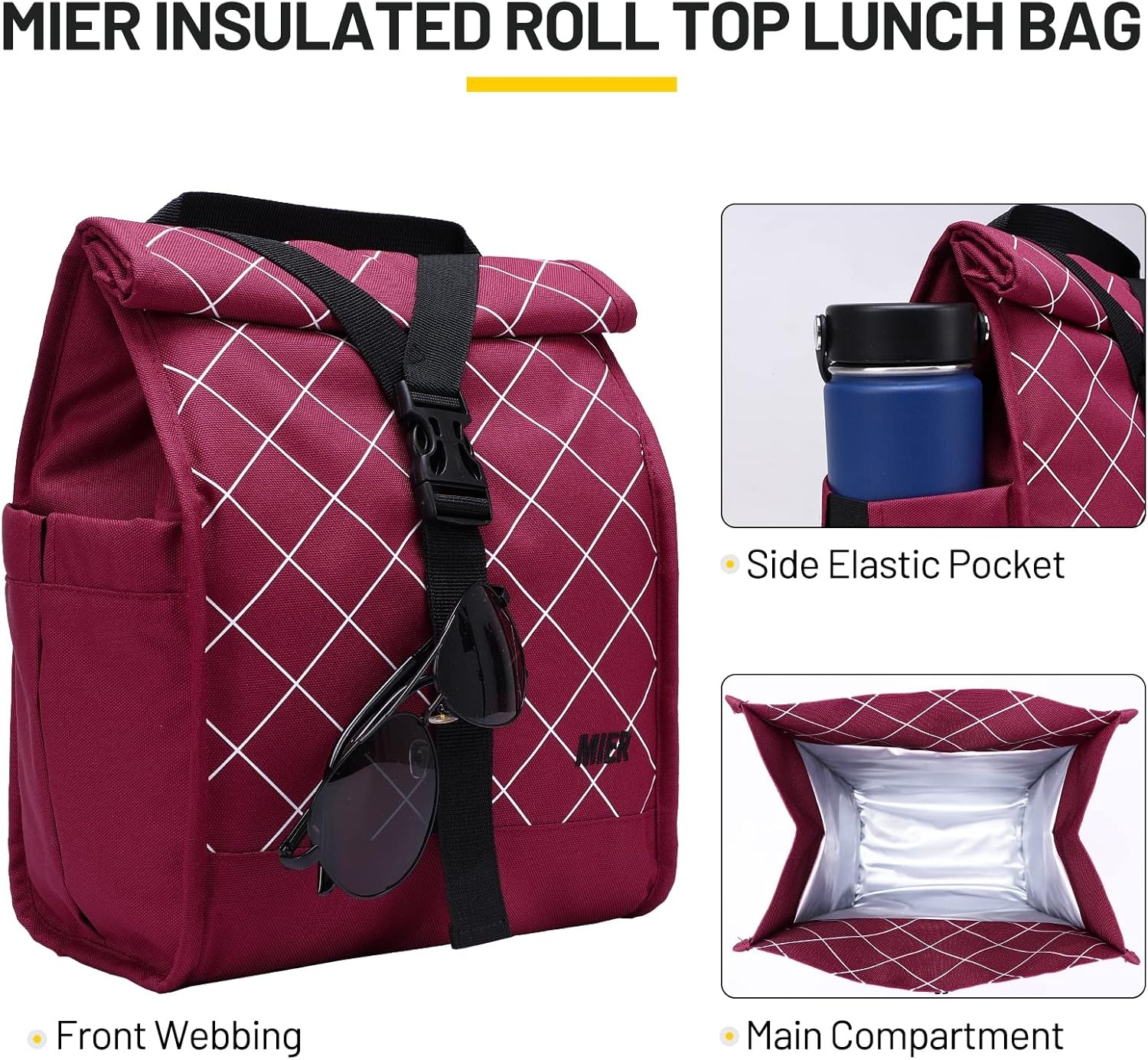 image:imageMIER Insulated Lunch Bag Roll Top Lunchbox for Women Men Adults Foldable Rolltop Lunch Tote with Shoulder Strap for Work Office Picnic Water Bottle Holder RedRed