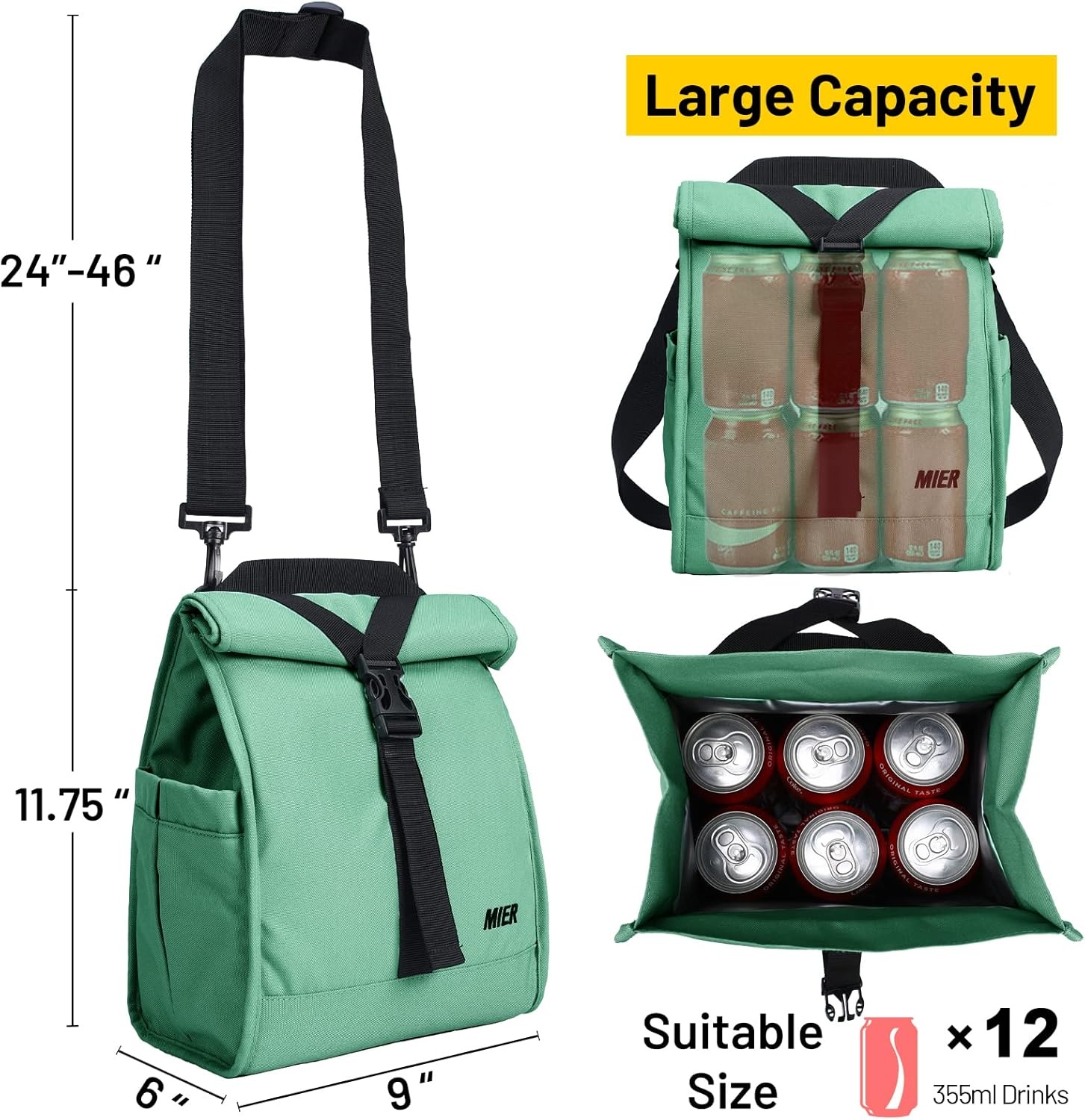 image:imageMIER Insulated Lunch Bag Roll Top Lunchbox for Women Men Adults Foldable Rolltop Lunch Tote with Shoulder Strap for Work Office Picnic Water Bottle Holder RedGreen