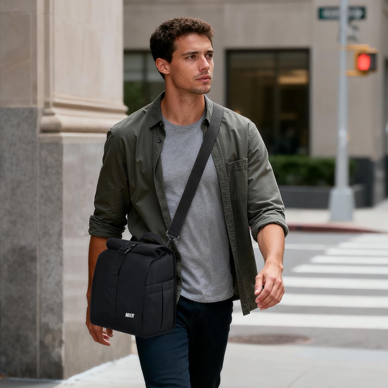 image:imageMIER Insulated Lunch Bag Roll Top Lunchbox for Women Men Adults Foldable Rolltop Lunch Tote with Shoulder Strap for Work Office Picnic Water Bottle Holder RedBlack