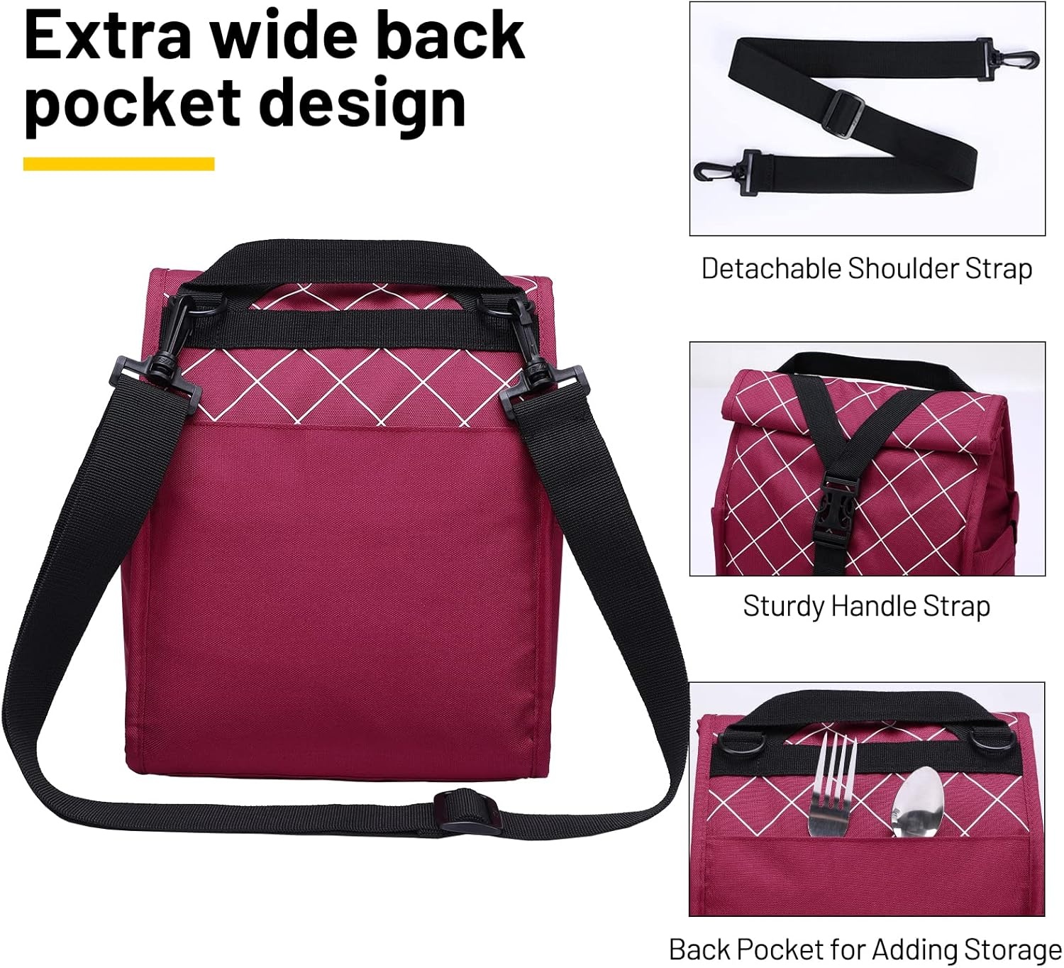 image:imageMIER Insulated Lunch Bag Roll Top Lunchbox for Women Men Adults Foldable Rolltop Lunch Tote with Shoulder Strap for Work Office Picnic Water Bottle Holder RedRed