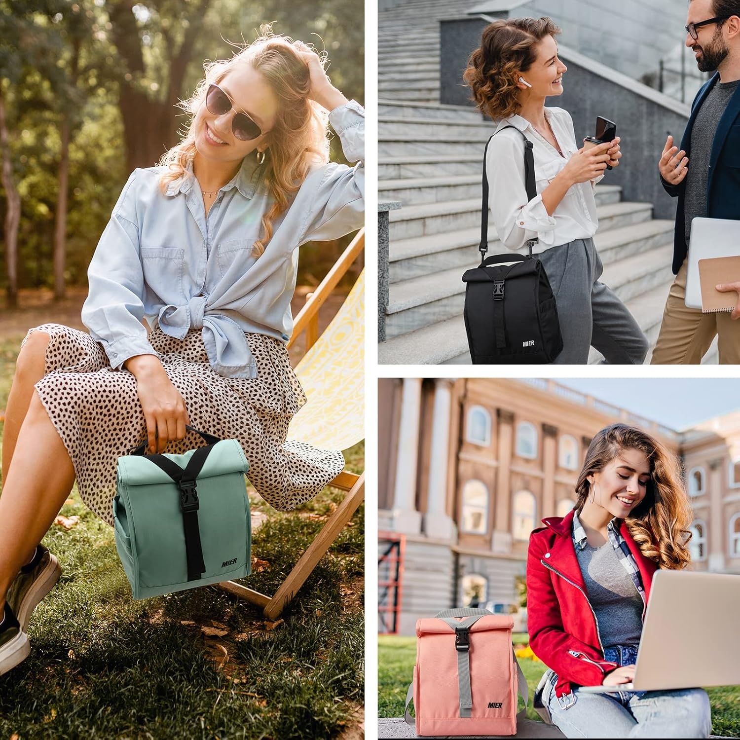 image:imageMIER Insulated Lunch Bag Roll Top Lunchbox for Women Men Adults Foldable Rolltop Lunch Tote with Shoulder Strap for Work Office Picnic Water Bottle Holder RedGreen