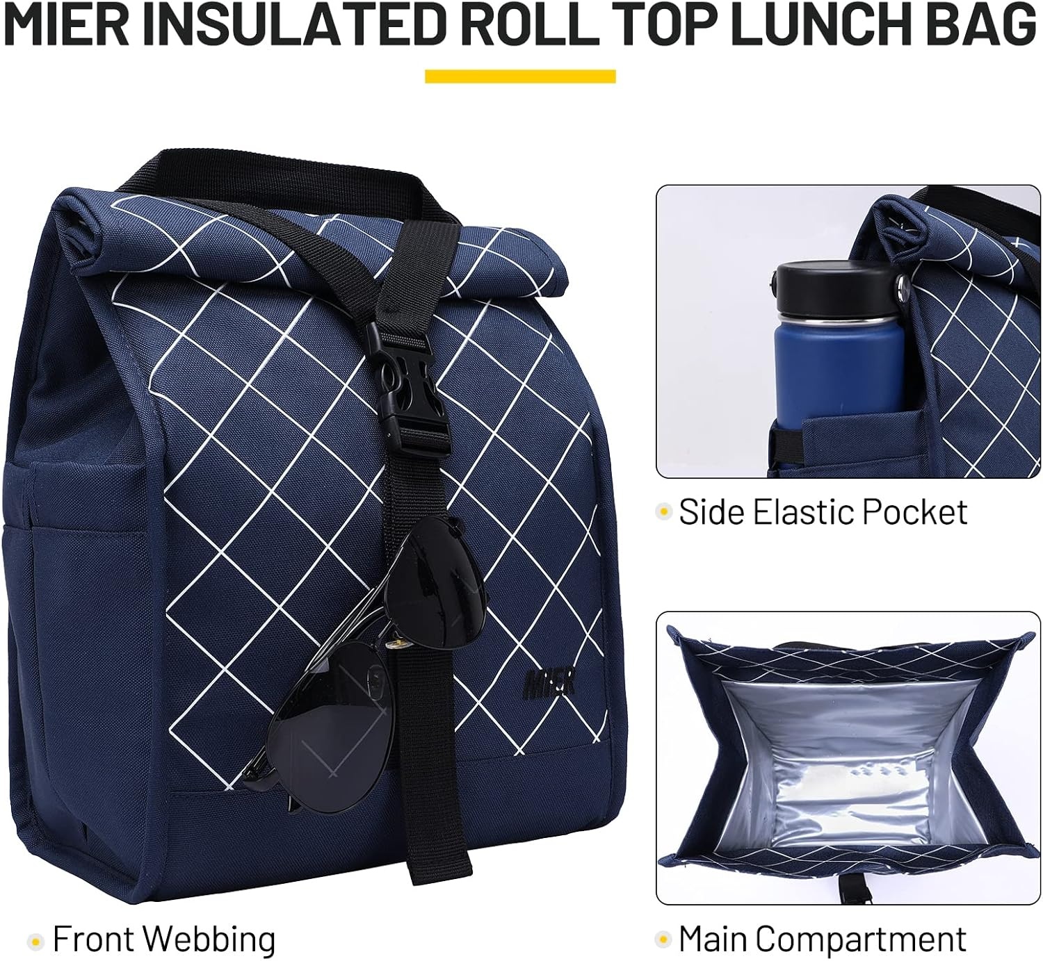 image:imageMIER Insulated Lunch Bag Roll Top Lunchbox for Women Men Adults Foldable Rolltop Lunch Tote with Shoulder Strap for Work Office Picnic Water Bottle Holder RedBlue