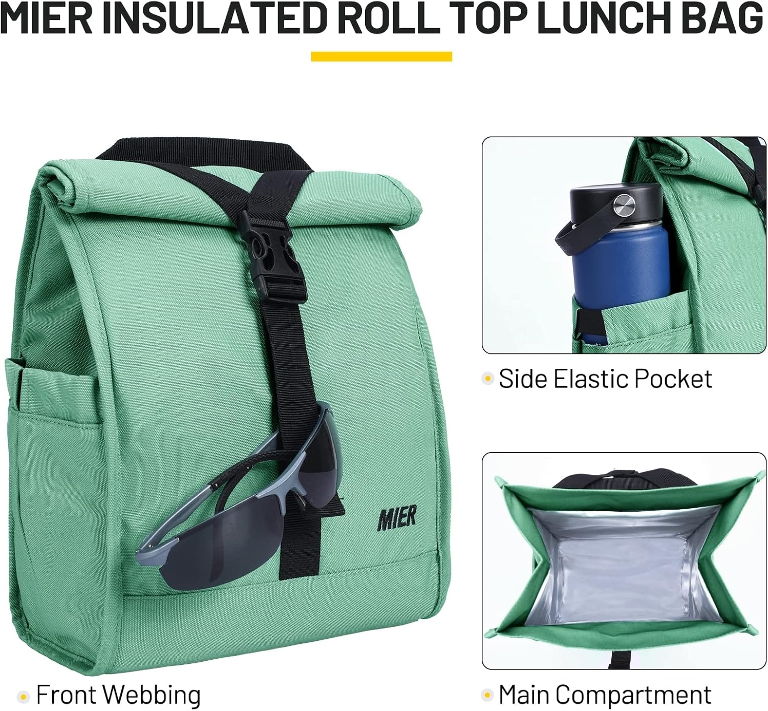 image:imageMIER Insulated Lunch Bag Roll Top Lunchbox for Women Men Adults Foldable Rolltop Lunch Tote with Shoulder Strap for Work Office Picnic Water Bottle Holder RedGreen