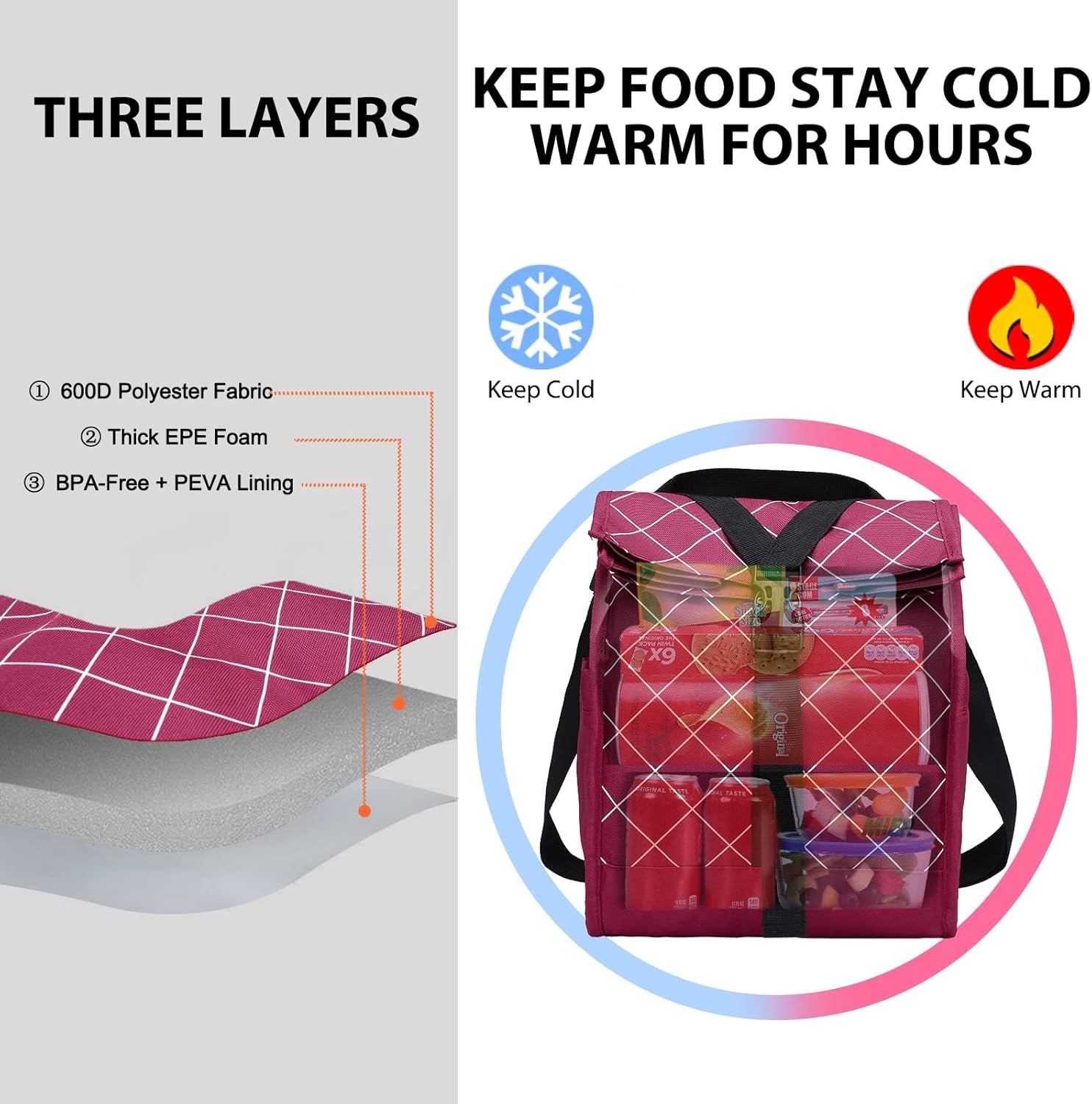 image:imageMIER Insulated Lunch Bag Roll Top Lunchbox for Women Men Adults Foldable Rolltop Lunch Tote with Shoulder Strap for Work Office Picnic Water Bottle Holder RedRed