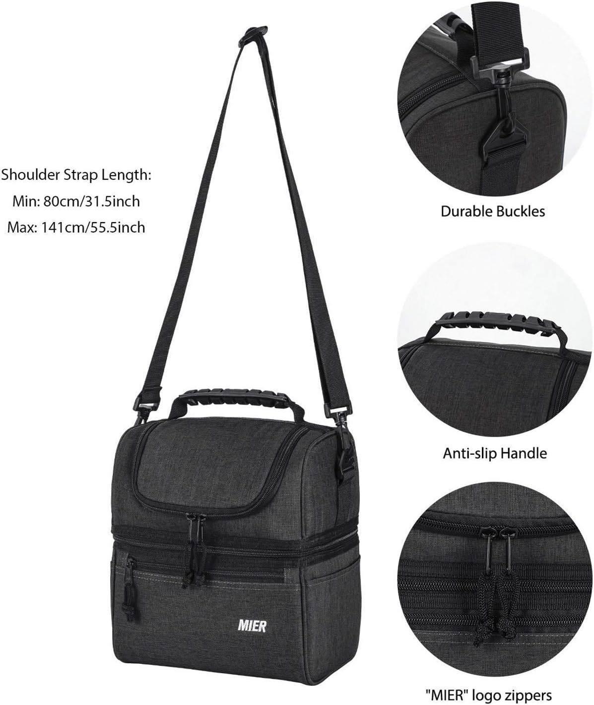 image:imageMIER Insulated Lunch Box 2 Compartment Lunch Bag and Expandable Lunch Pack for Men Women Black