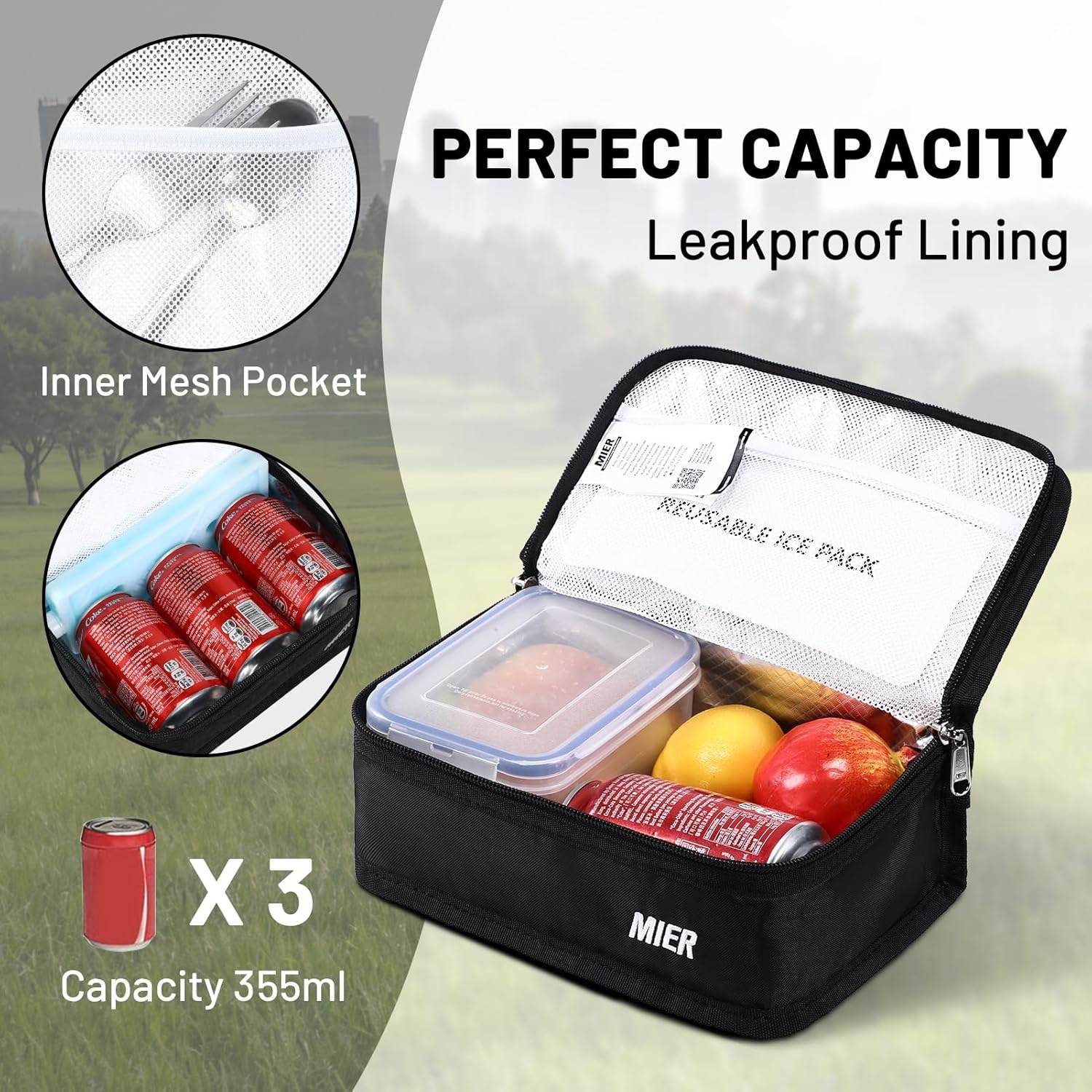 image:imageMIER Insulated Lunch Box for Men Women Kids Portable Small Lunch Bag 9 CAN Compact Thermal Mini Cooler for School Work Picnic BlueBlack