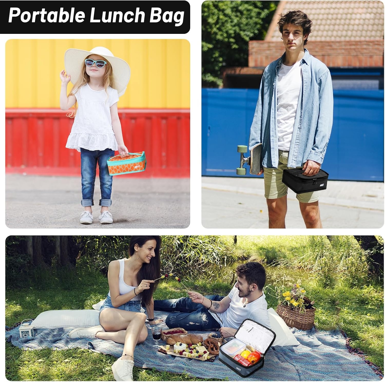 image:imageMIER Insulated Lunch Box for Men Women Kids Portable Small Lunch Bag 9 CAN Compact Thermal Mini Cooler for School Work Picnic BlueBlack