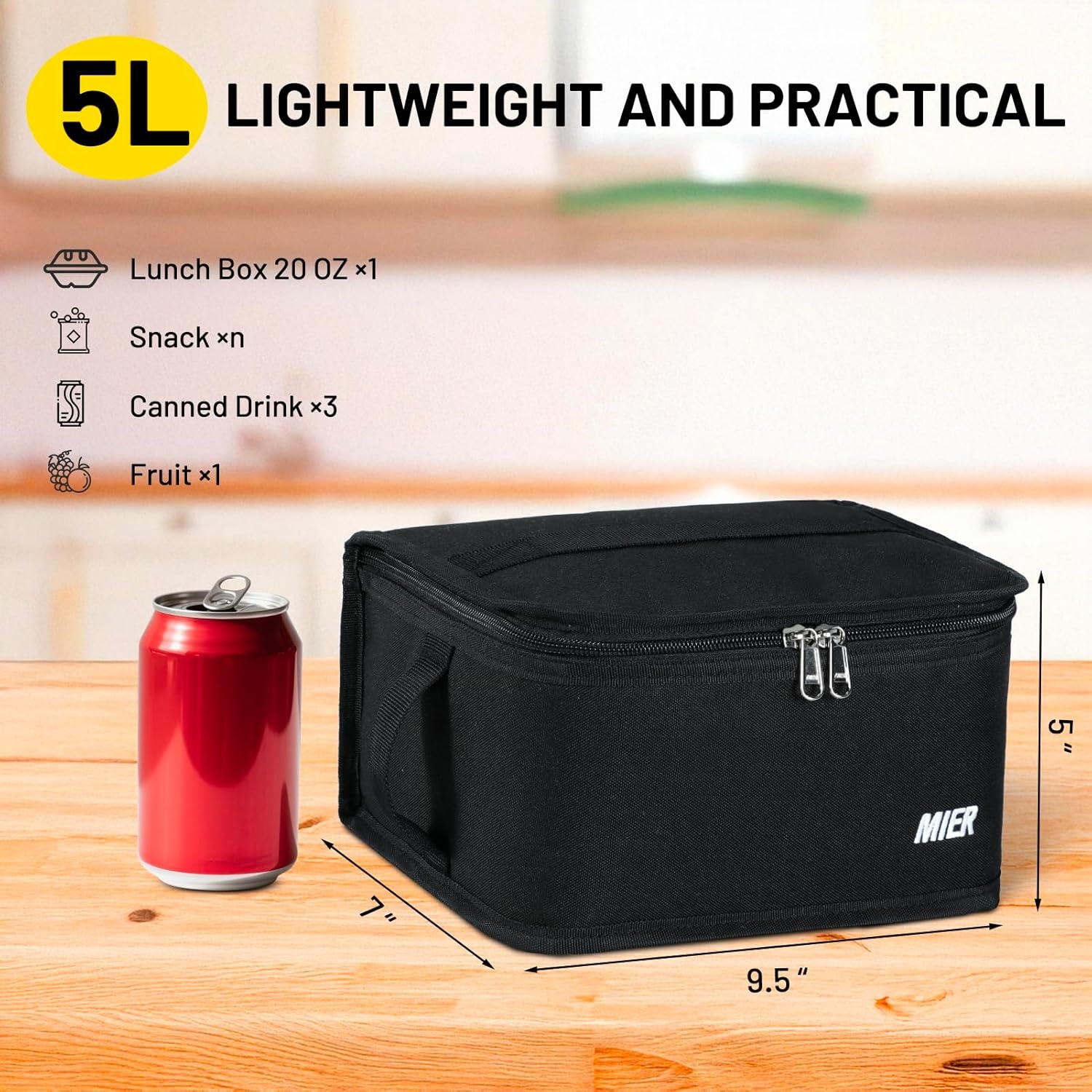 image:imageMIER Insulated Lunch Box for Men Women Kids Portable Small Lunch Bag 9 CAN Compact Thermal Mini Cooler for School Work Picnic BlueBlack