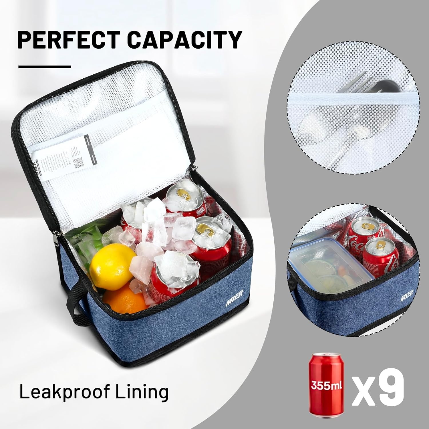 image:imageMIER Insulated Lunch Box for Men Women Kids Portable Small Lunch Bag 9 CAN Compact Thermal Mini Cooler for School Work Picnic BlueBluesteel
