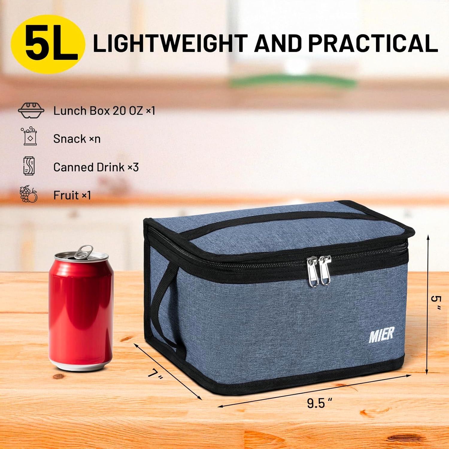image:imageMIER Insulated Lunch Box for Men Women Kids Portable Small Lunch Bag 9 CAN Compact Thermal Mini Cooler for School Work Picnic BlueBluesteel