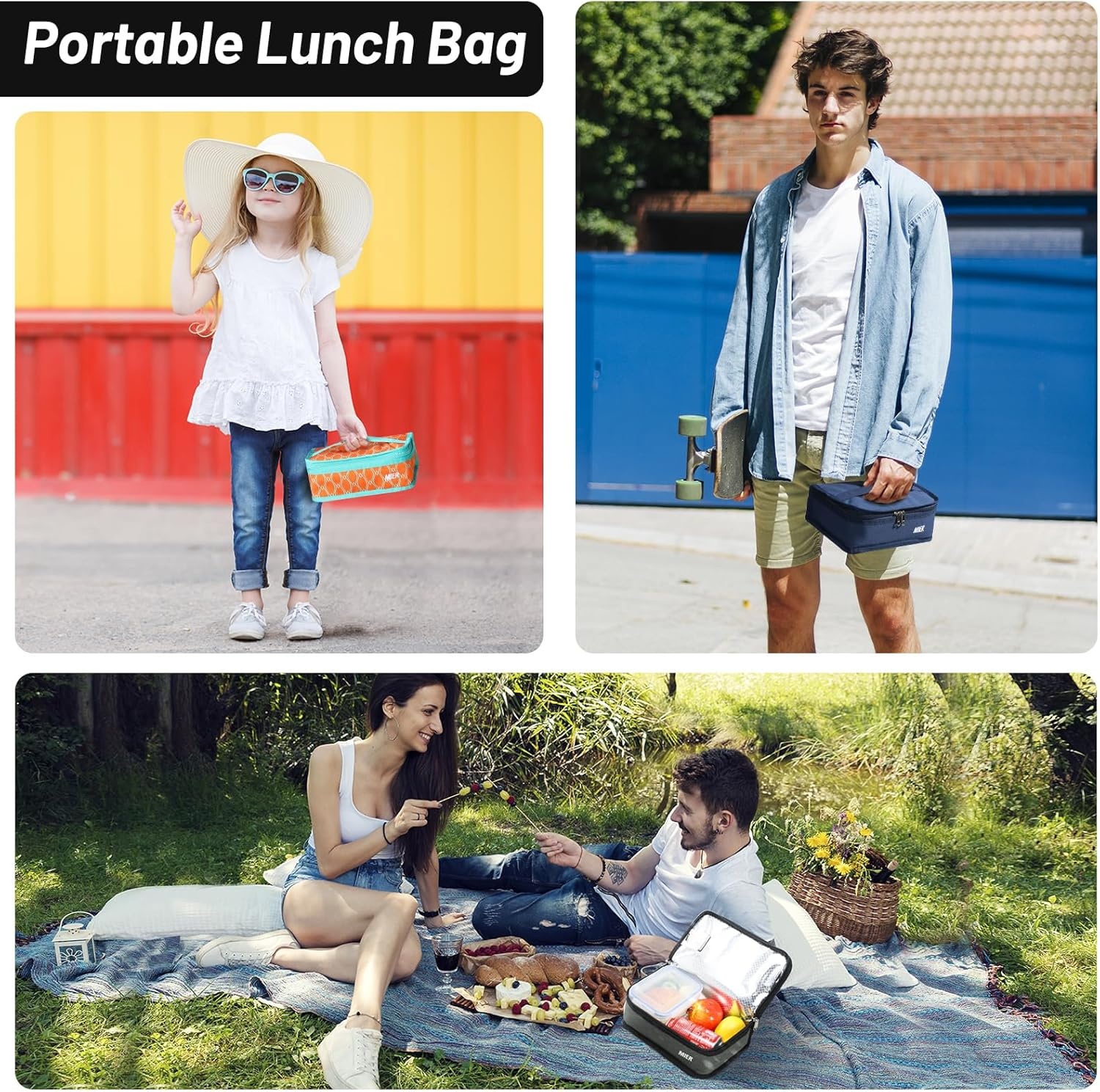 image:imageMIER Insulated Lunch Box for Men Women Kids Portable Small Lunch Bag 9 CAN Compact Thermal Mini Cooler for School Work Picnic BlueGray