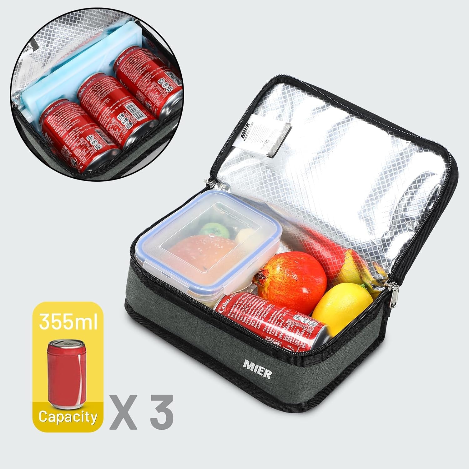 image:imageMIER Insulated Lunch Box for Men Women Kids Portable Small Lunch Bag 9 CAN Compact Thermal Mini Cooler for School Work Picnic BlueGray