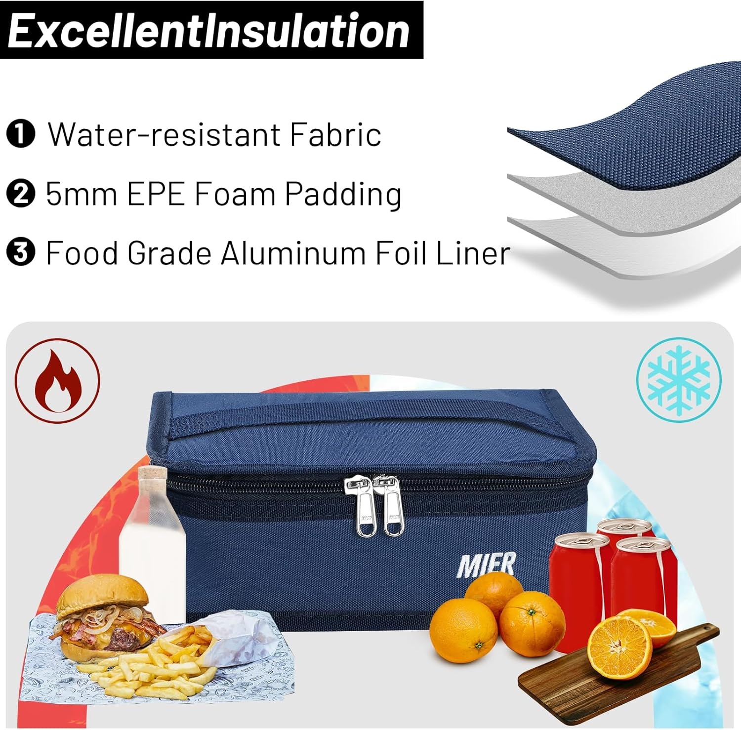 image:imageMIER Insulated Lunch Box for Men Women Kids Portable Small Lunch Bag 9 CAN Compact Thermal Mini Cooler for School Work Picnic BlueNavy Blue
