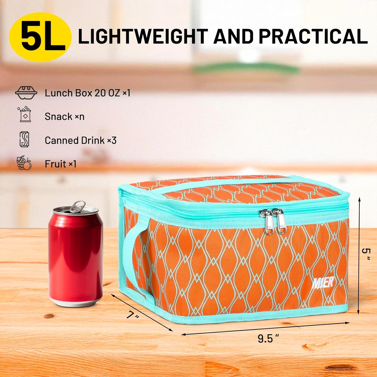 image:imageMIER Insulated Lunch Box for Men Women Kids Portable Small Lunch Bag 9 CAN Compact Thermal Mini Cooler for School Work Picnic BlueOrange