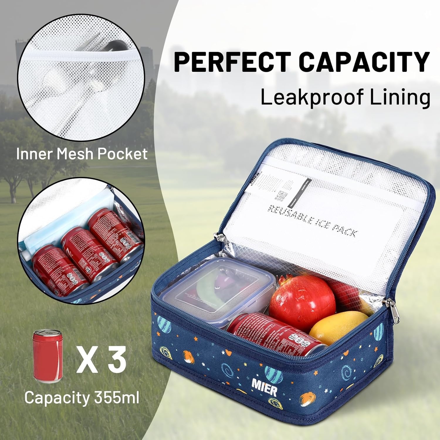 image:imageMIER Insulated Lunch Box for Men Women Kids Portable Small Lunch Bag 9 CAN Compact Thermal Mini Cooler for School Work Picnic BluePlanet