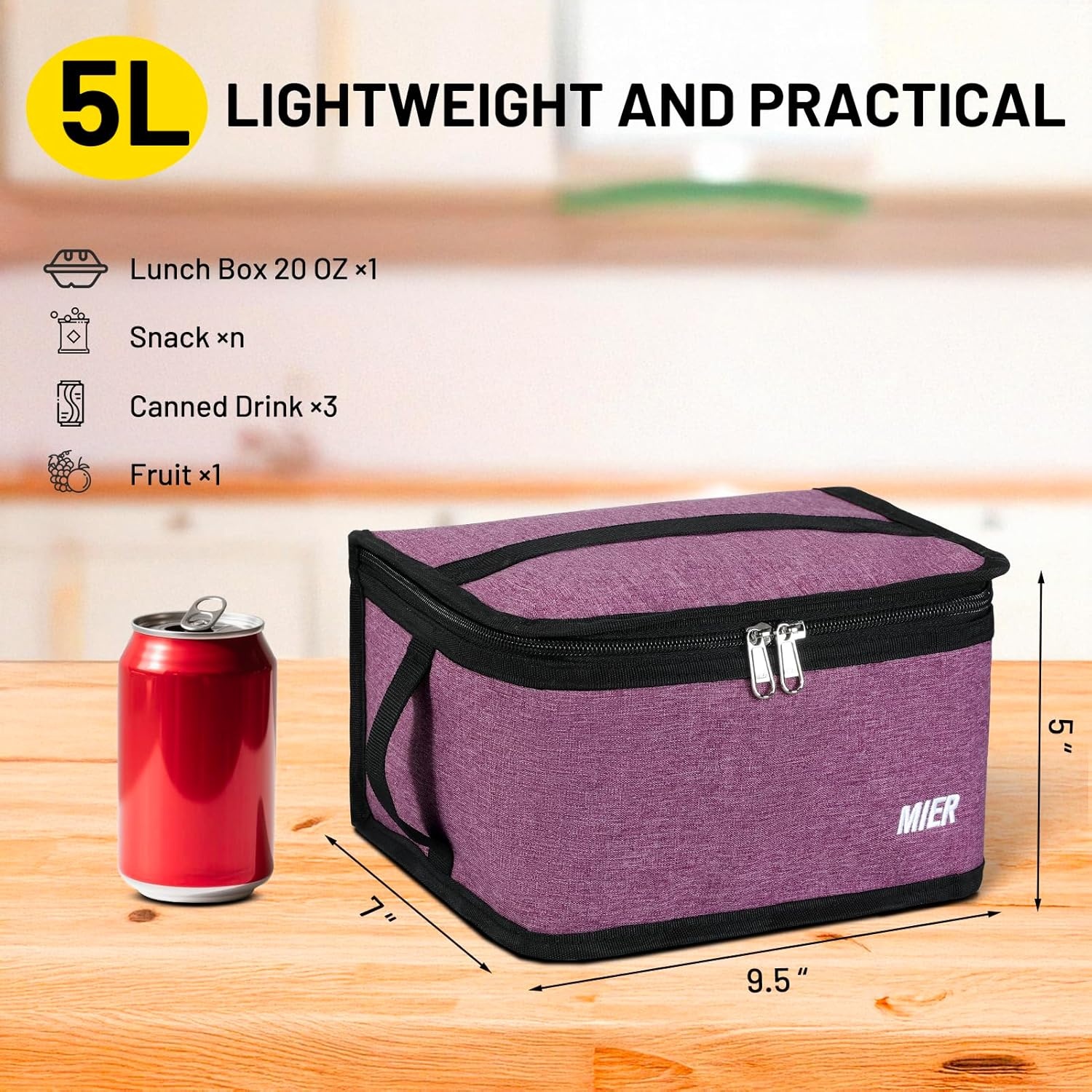 image:imageMIER Insulated Lunch Box for Men Women Kids Portable Small Lunch Bag 9 CAN Compact Thermal Mini Cooler for School Work Picnic BluePurple
