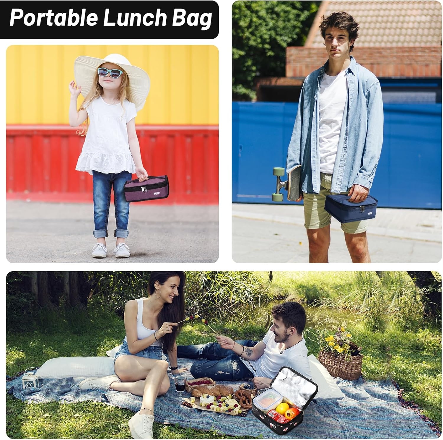 image:imageMIER Insulated Lunch Box for Men Women Kids Portable Small Lunch Bag 9 CAN Compact Thermal Mini Cooler for School Work Picnic BluePurple