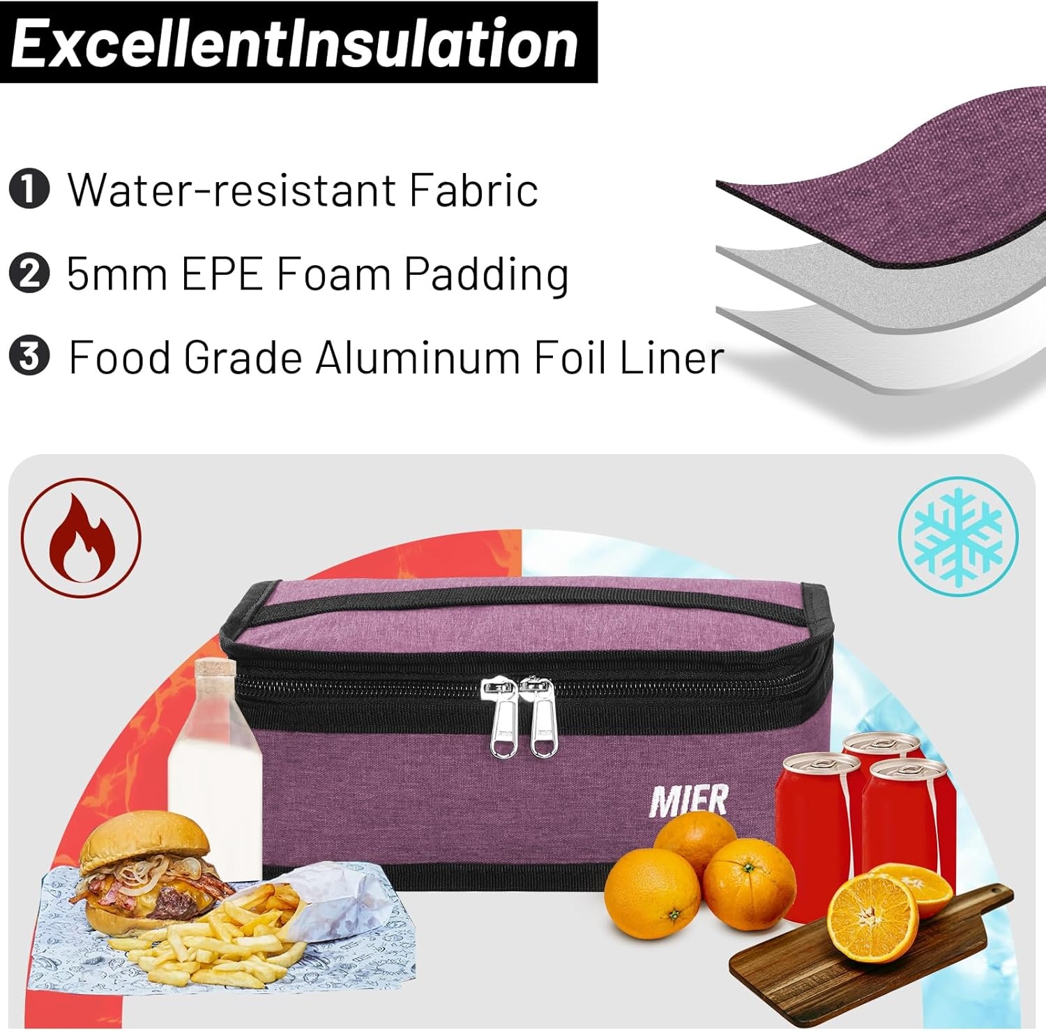 image:imageMIER Insulated Lunch Box for Men Women Kids Portable Small Lunch Bag 9 CAN Compact Thermal Mini Cooler for School Work Picnic BluePurple