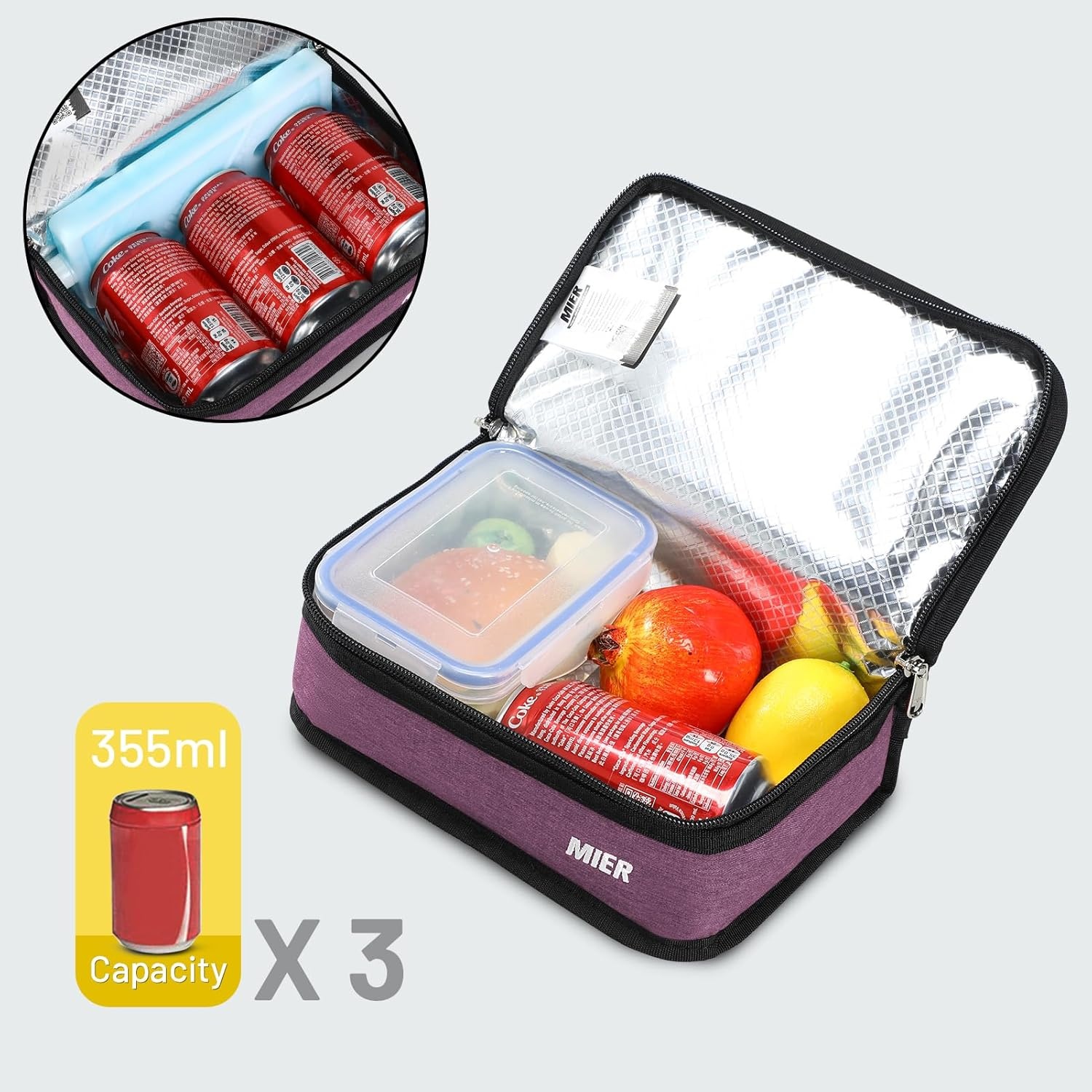 image:imageMIER Insulated Lunch Box for Men Women Kids Portable Small Lunch Bag 9 CAN Compact Thermal Mini Cooler for School Work Picnic BluePurple
