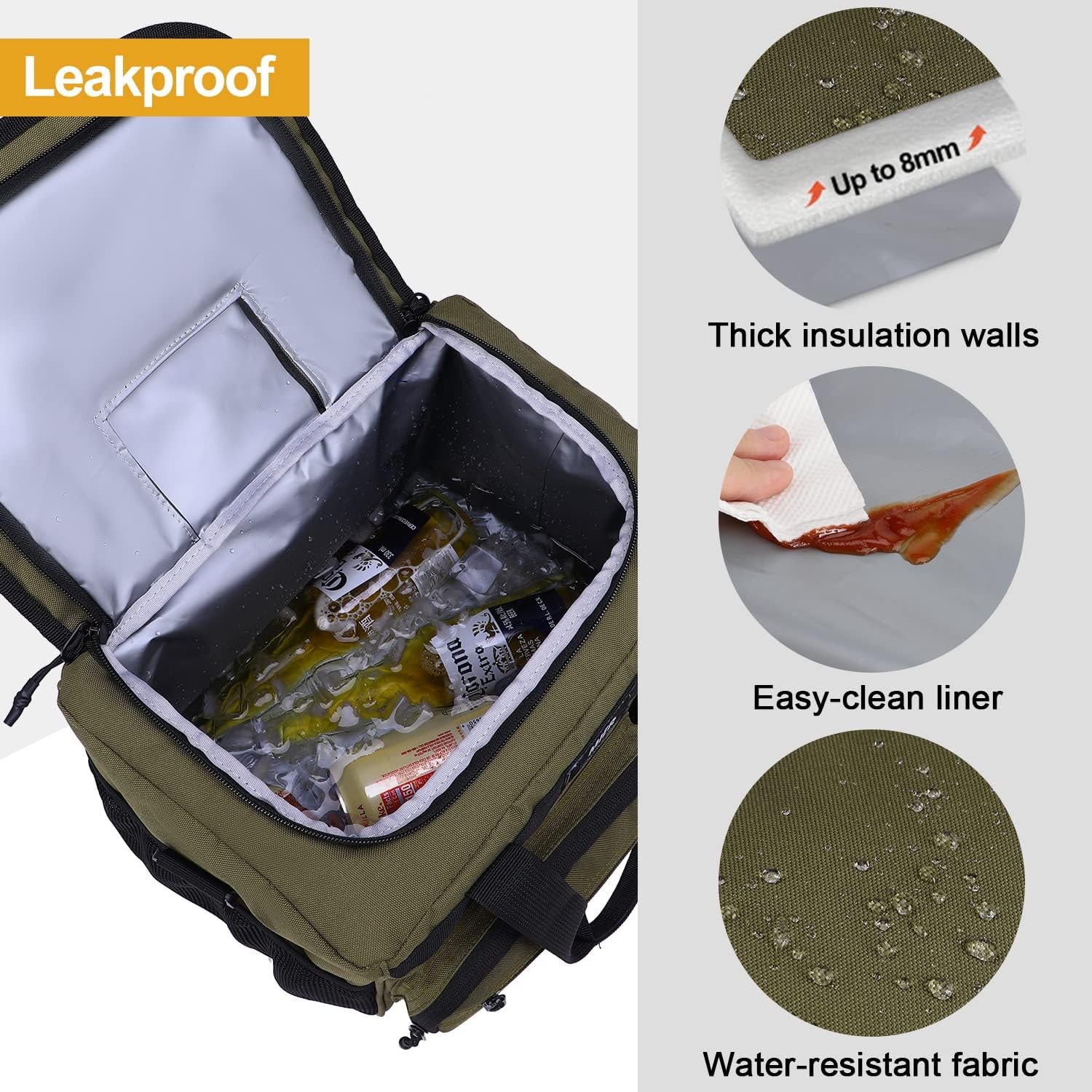 image:imageMIER Large Lunch Box for Men Women Adult Insulated Soft Sided Cooler 30 Can Leakproof Lunch Bag Collapsible for Work Travel Camping Beach 18L BlackNo Luggage StrapDark Green