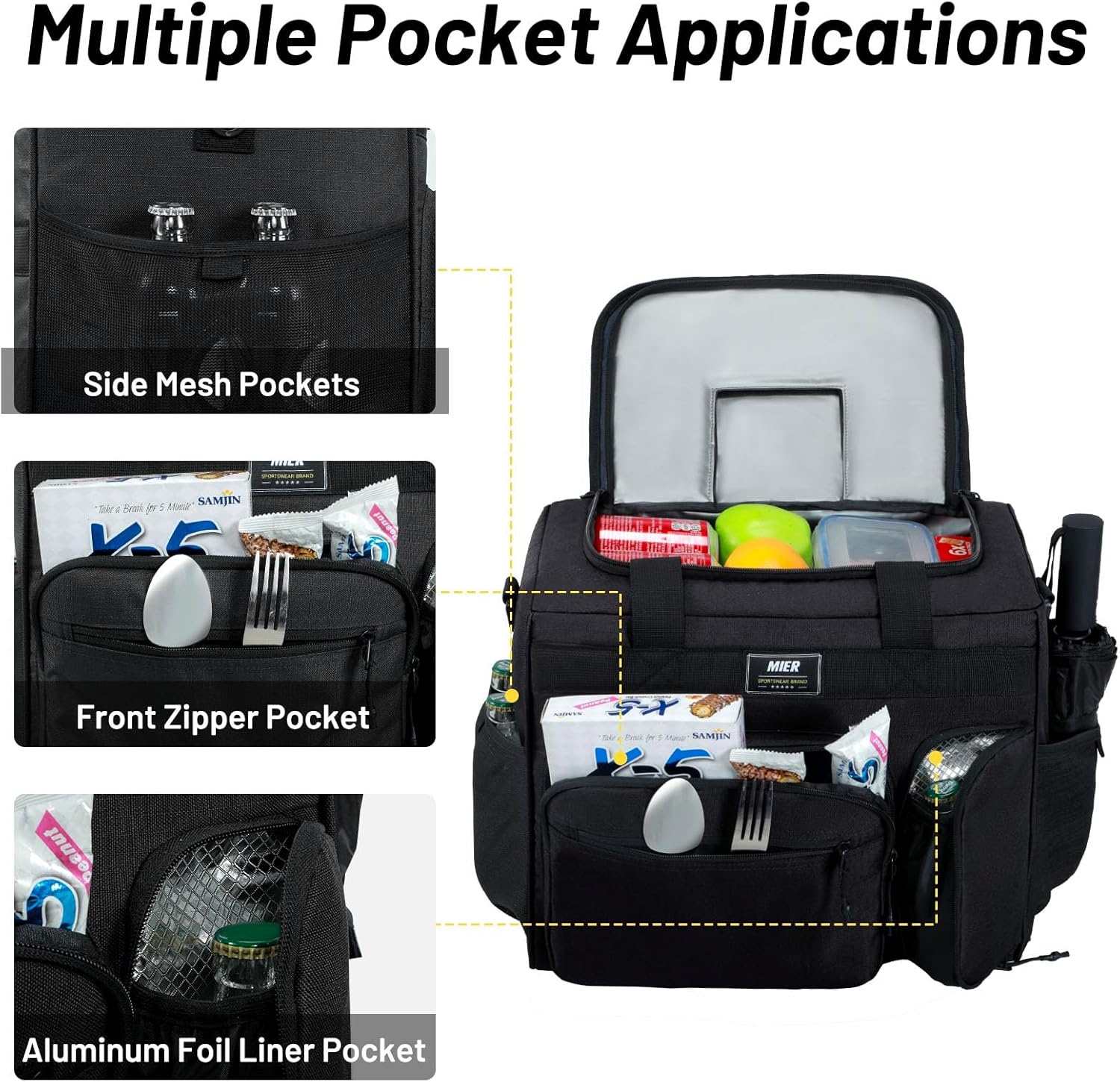 image:imageMIER Large Lunch Box for Men Women Adult Insulated Soft Sided Cooler 30 Can Leakproof Lunch Bag Collapsible for Work Travel Camping Beach 18L BlackNo Luggage StrapBlack