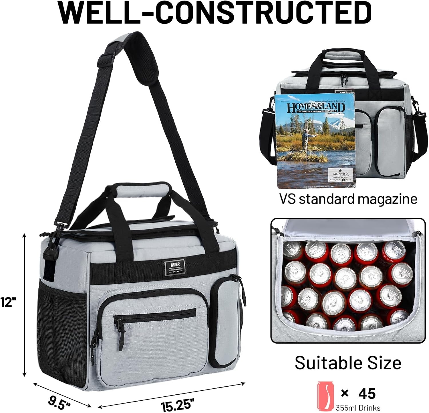 image:imageMIER Large Lunch Box for Men Women Adult Insulated Soft Sided Cooler 30 Can Leakproof Lunch Bag Collapsible for Work Travel Camping Beach 18L BlackNo Luggage StrapGrey