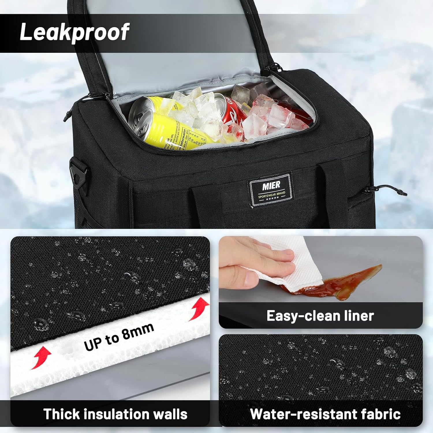 image:imageMIER Large Lunch Box for Men Women Adult Insulated Soft Sided Cooler 30 Can Leakproof Lunch Bag Collapsible for Work Travel Camping Beach 18L BlackNo Luggage StrapPure Black