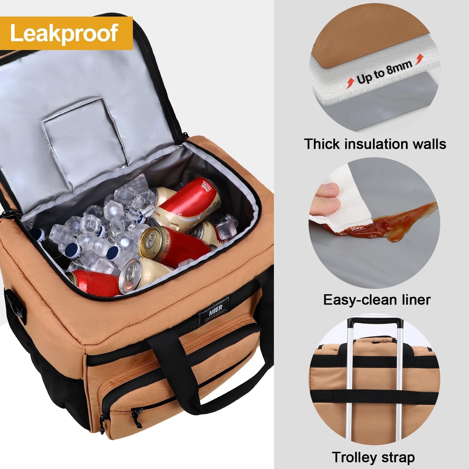 image:imageMIER Large Lunch Box for Men Women Adult Insulated Soft Sided Cooler 30 Can Leakproof Lunch Bag Collapsible for Work Travel Camping Beach 18L BlackNo Luggage StrapKhaki