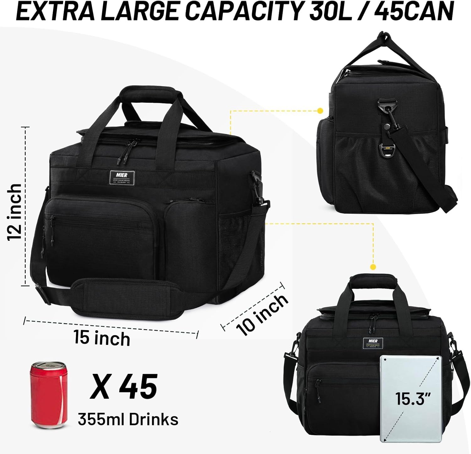 image:imageMIER Large Lunch Box for Men Women Adult Insulated Soft Sided Cooler 30 Can Leakproof Lunch Bag Collapsible for Work Travel Camping Beach 18L BlackNo Luggage StrapBlack