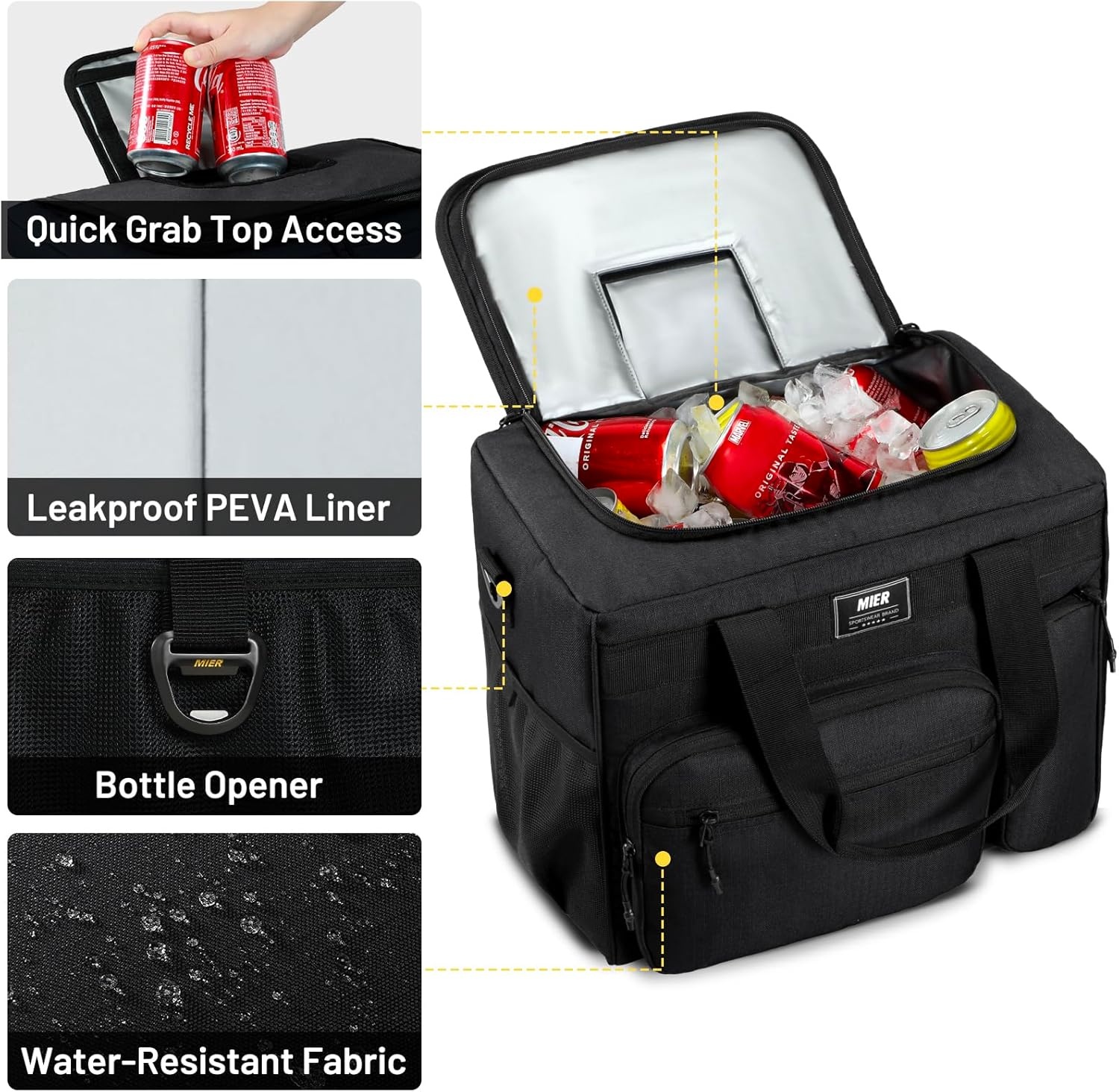 image:imageMIER Large Lunch Box for Men Women Adult Insulated Soft Sided Cooler 30 Can Leakproof Lunch Bag Collapsible for Work Travel Camping Beach 18L BlackNo Luggage StrapBlack