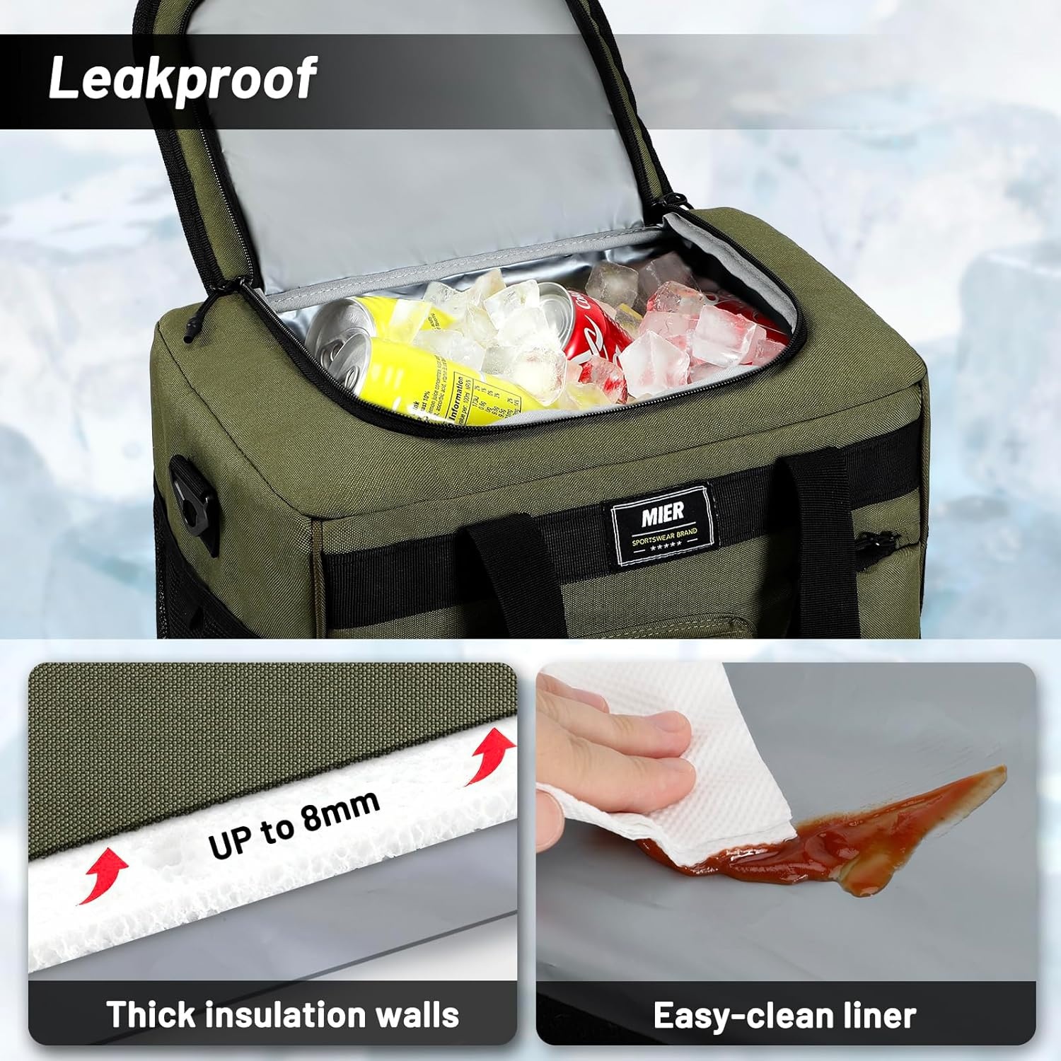 image:imageMIER Large Lunch Box for Men Women Adult Insulated Soft Sided Cooler 30 Can Leakproof Lunch Bag Collapsible for Work Travel Camping Beach 18L BlackNo Luggage StrapArmy Green