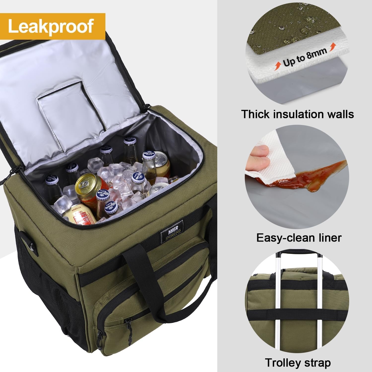 image:imageMIER Large Lunch Box for Men Women Adult Insulated Soft Sided Cooler 30 Can Leakproof Lunch Bag Collapsible for Work Travel Camping Beach 18L BlackNo Luggage StrapArmy Green
